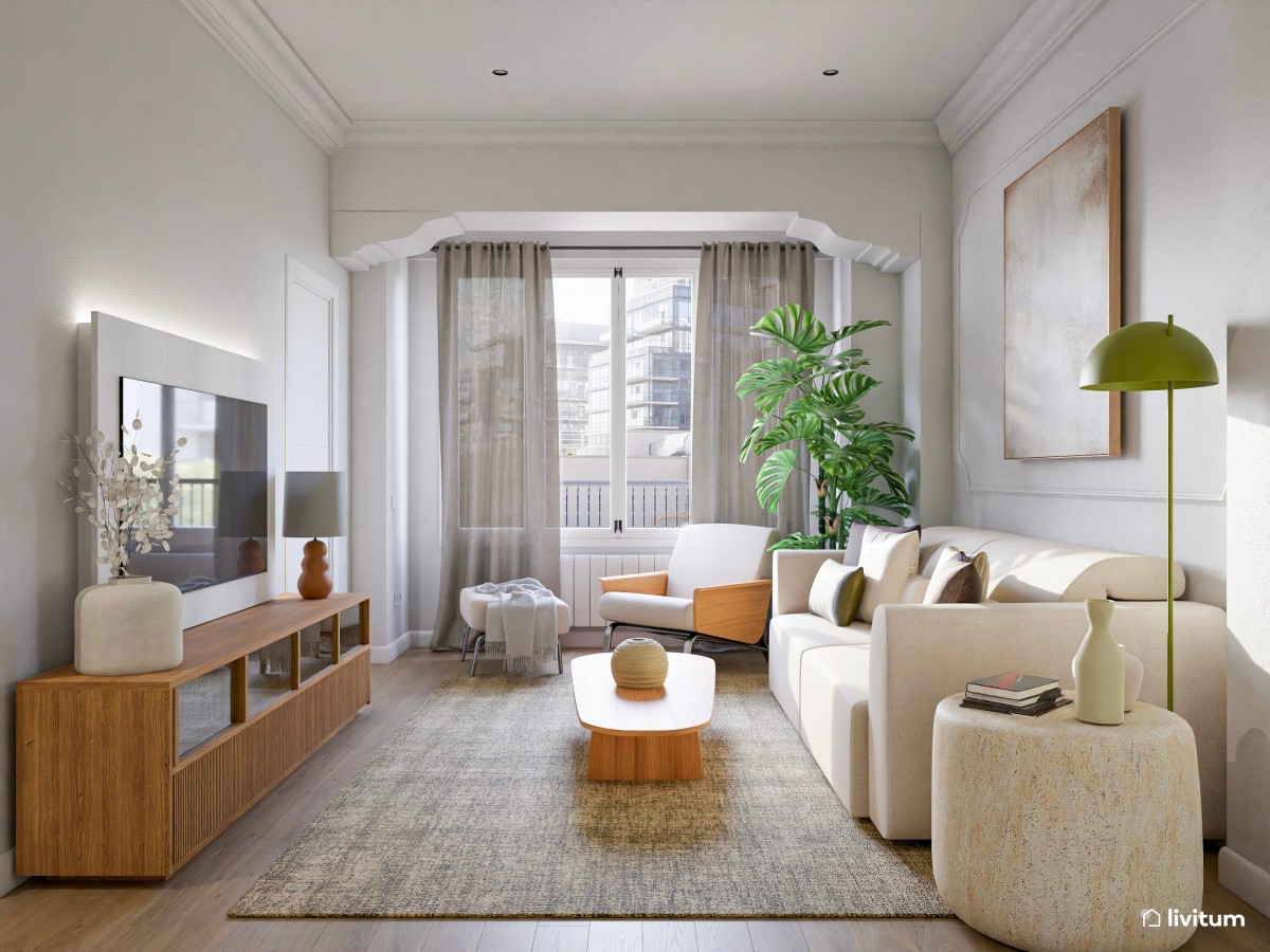 Salón pequeño muy bien distribuido y elegante con molduras