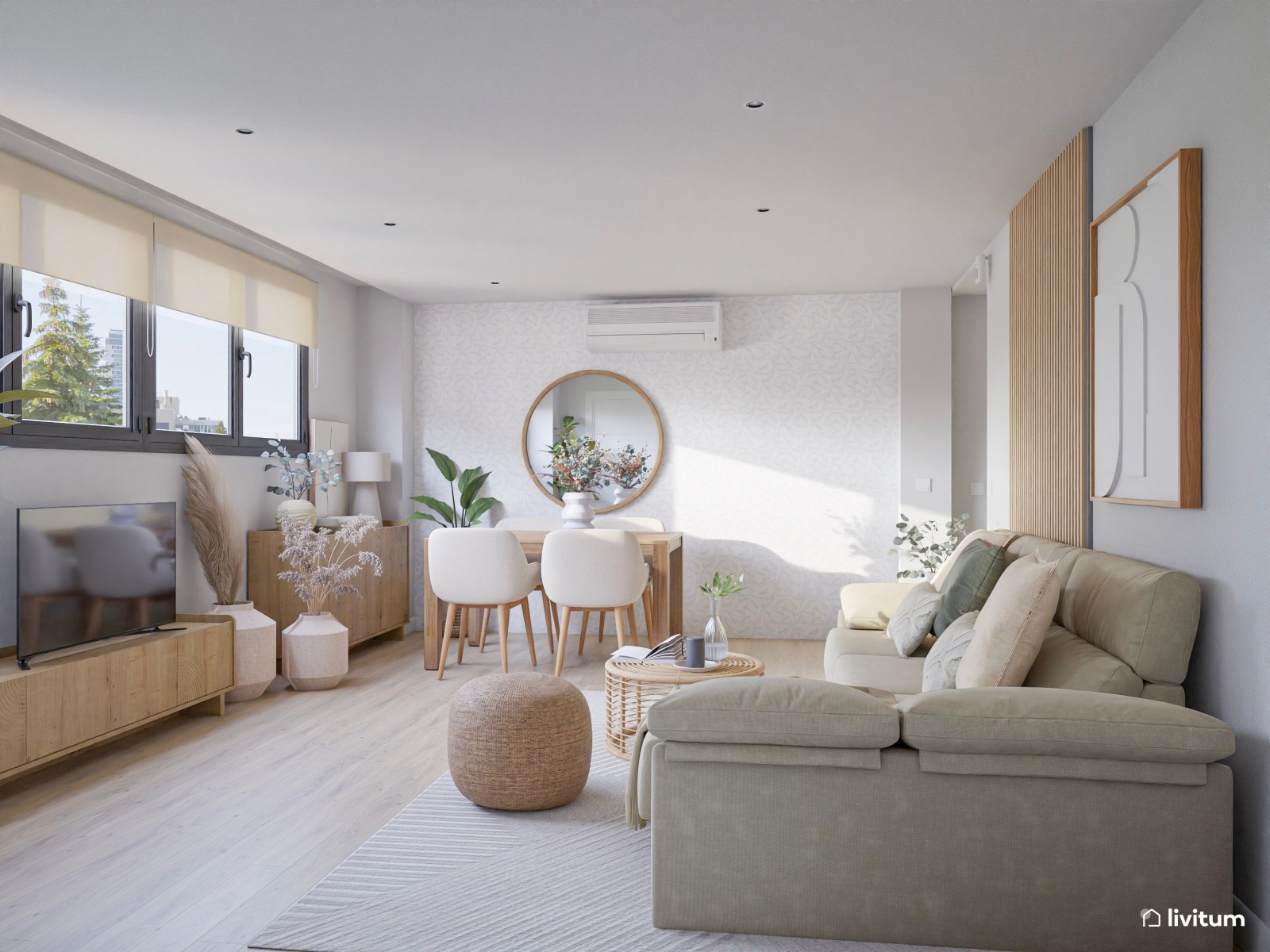 Salón pequeño nórdico con fibras naturales y sofá chaise longue verde grisáceo