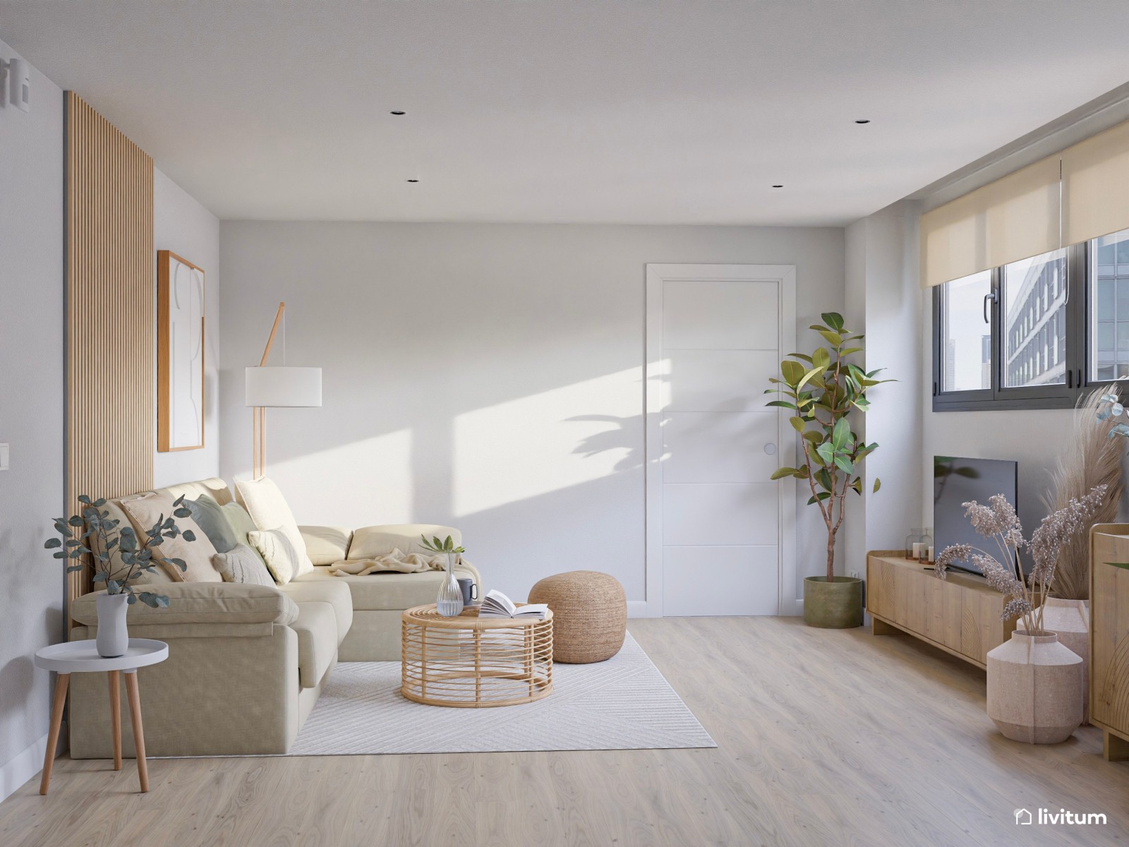 Salón pequeño nórdico con fibras naturales y sofá chaise longue verde grisáceo
