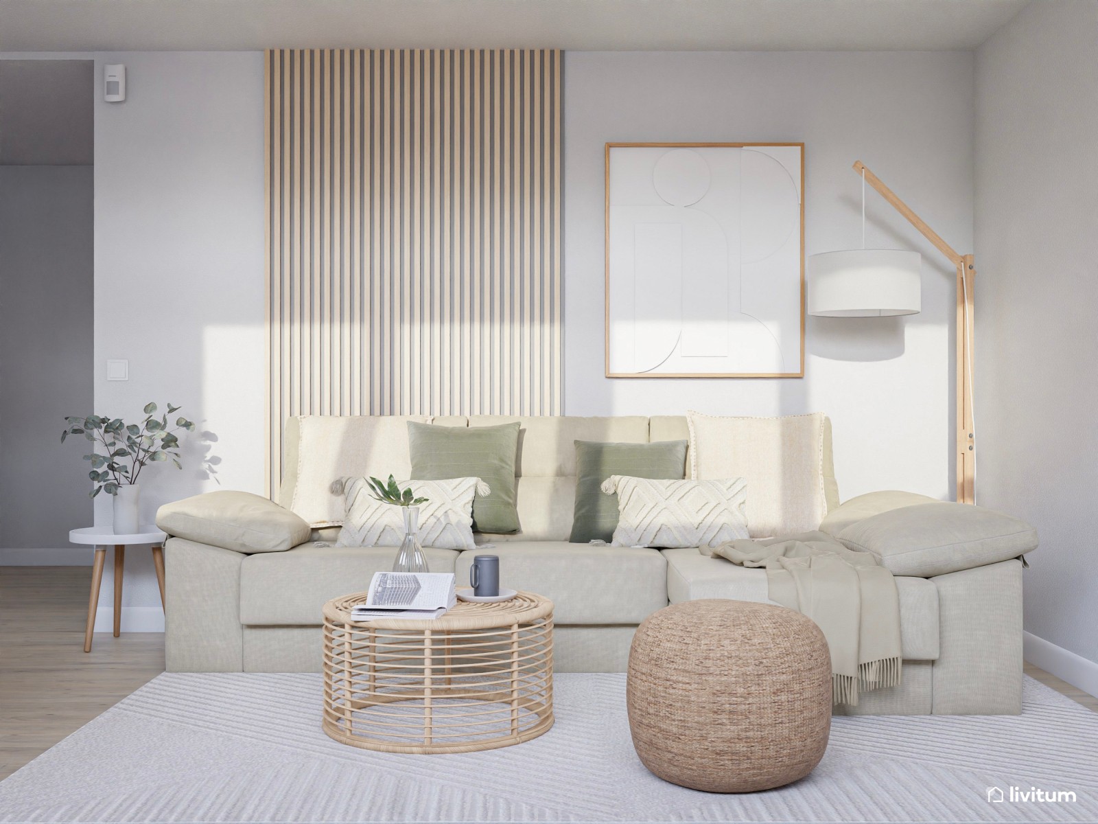 Salón pequeño nórdico con fibras naturales y sofá chaise longue verde grisáceo