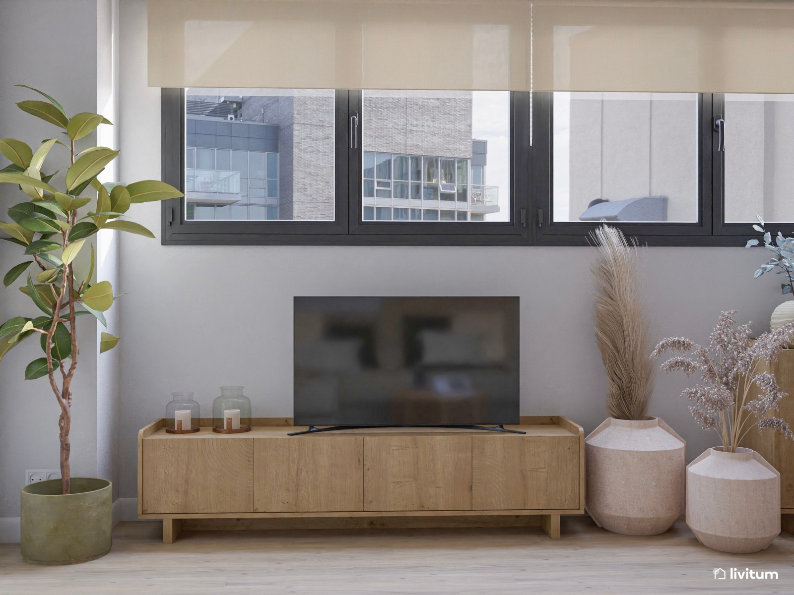 Salón pequeño nórdico con fibras naturales y sofá chaise longue verde grisáceo