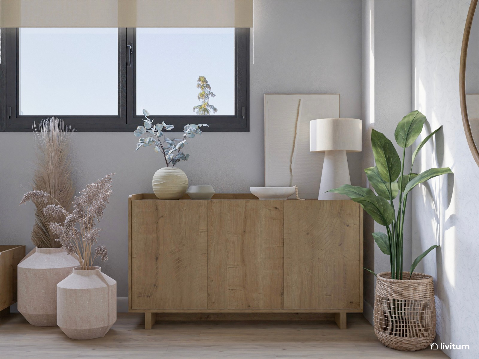 Salón pequeño nórdico con fibras naturales y sofá chaise longue verde grisáceo