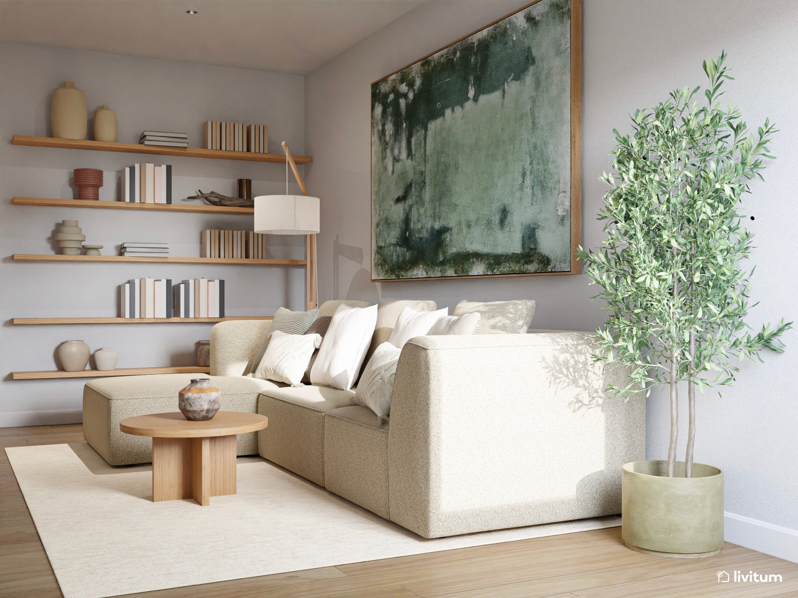 Salón pequeño y acogedor en planta irregular con mobiliario de madera 