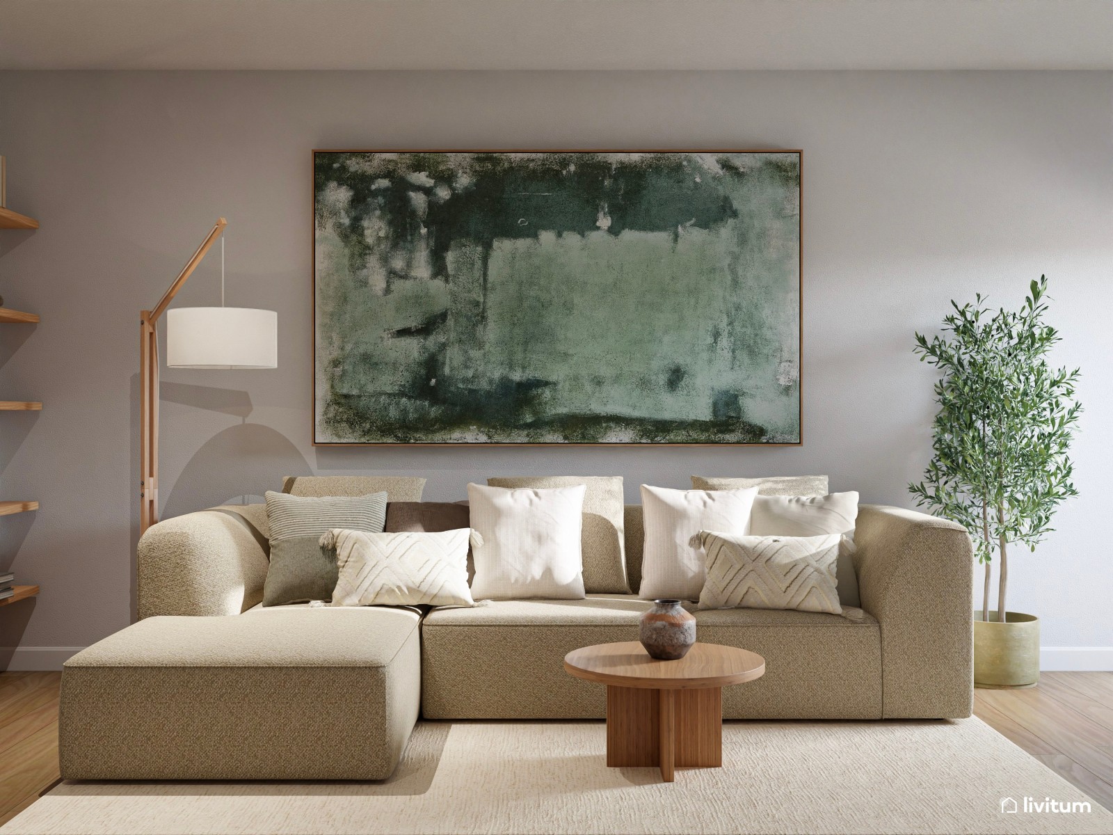 Salón pequeño y acogedor en planta irregular con mobiliario de madera 