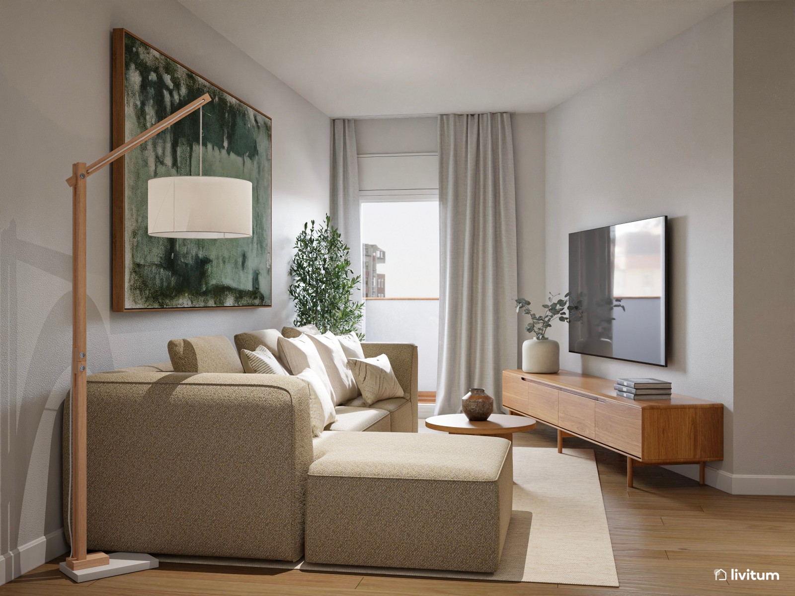 Salón pequeño y acogedor en planta irregular con mobiliario de madera 