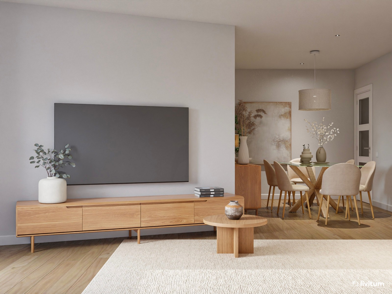 Salón pequeño y acogedor en planta irregular con mobiliario de madera 