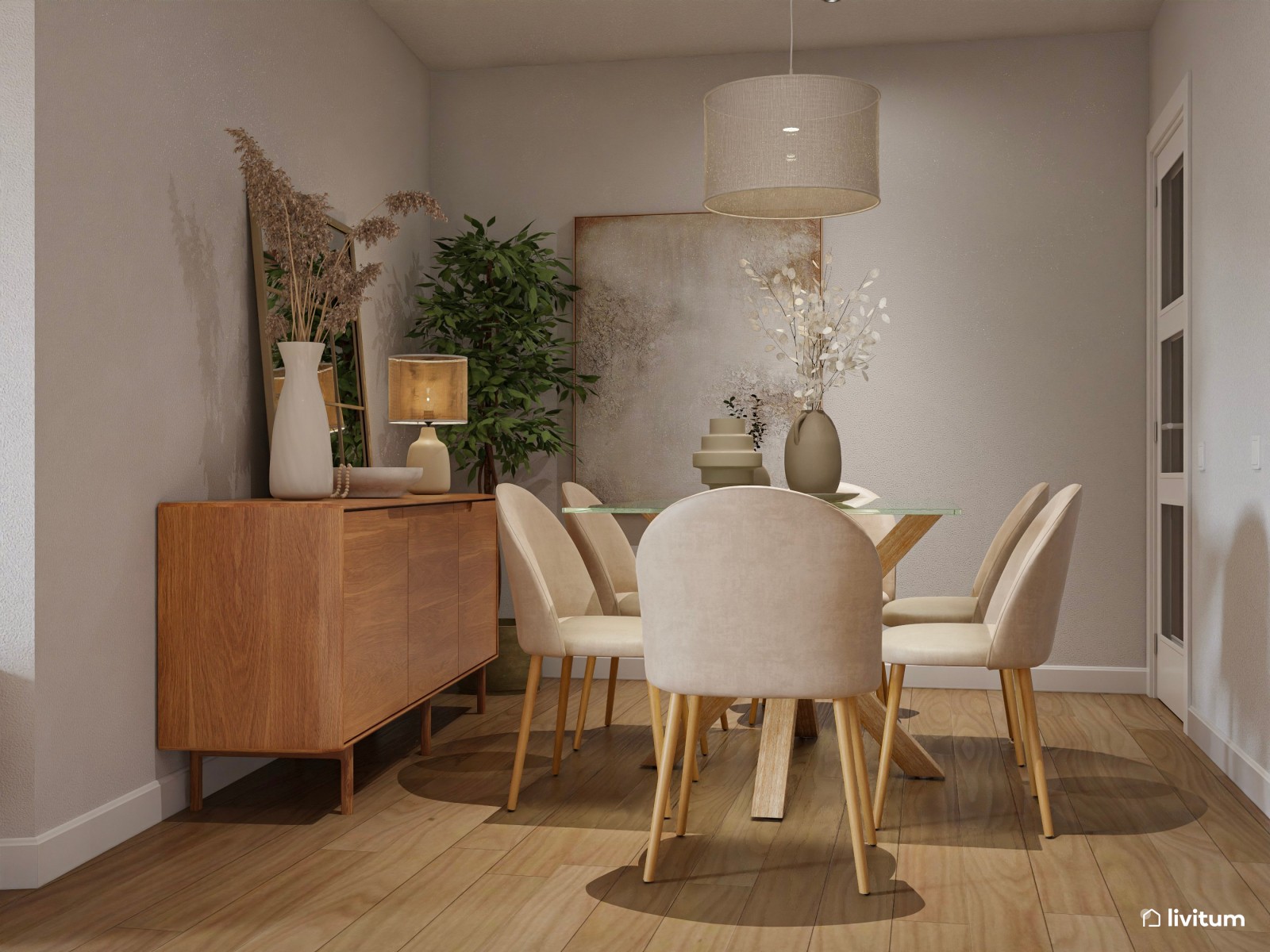 Salón pequeño y acogedor en planta irregular con mobiliario de madera 