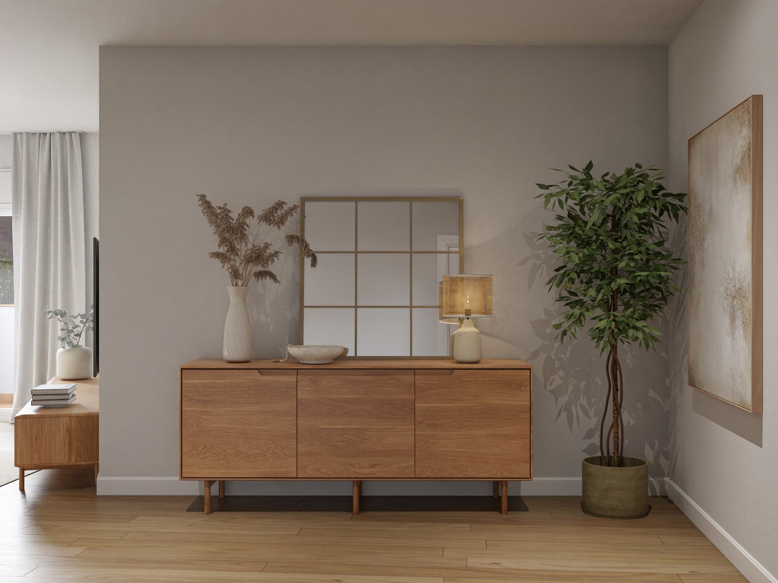 Salón pequeño y acogedor en planta irregular con mobiliario de madera 