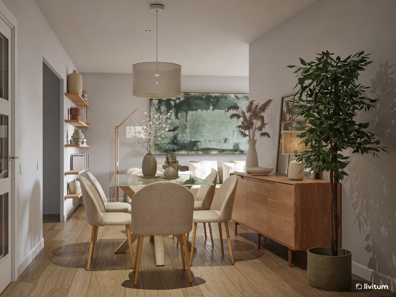 Salón pequeño y acogedor en planta irregular con mobiliario de madera 