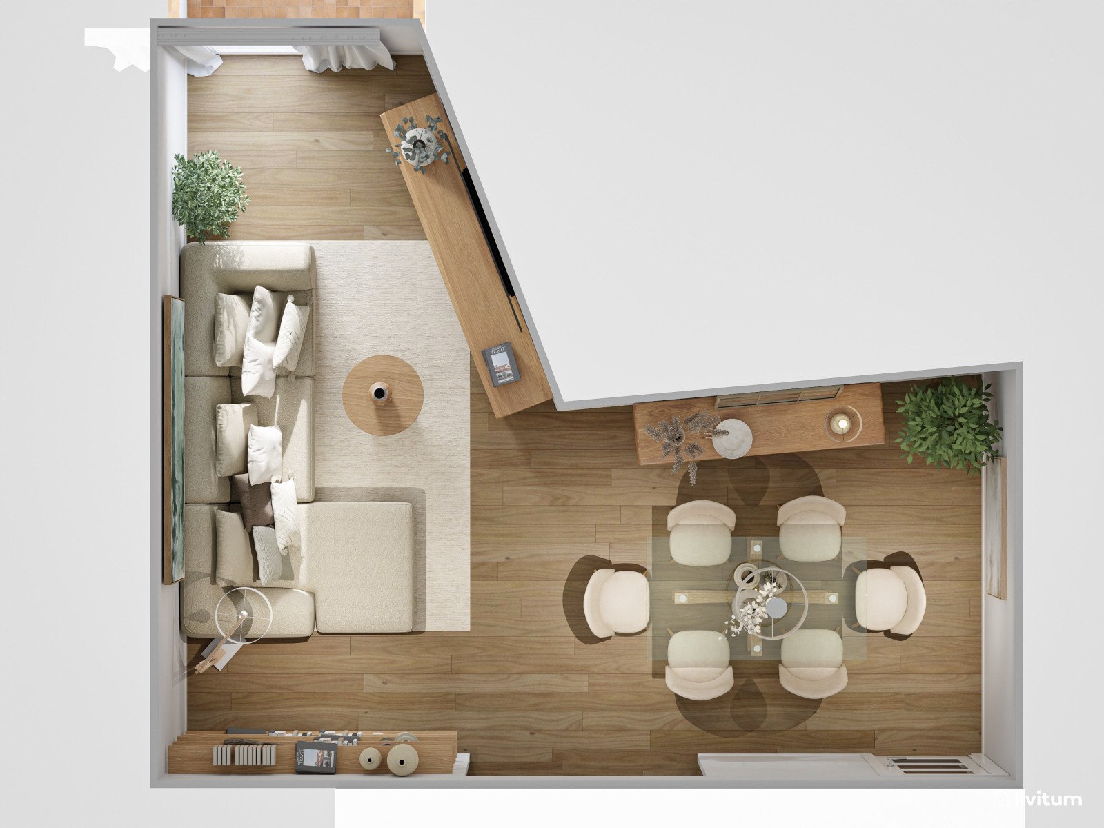 Salón pequeño y acogedor en planta irregular con mobiliario de madera 