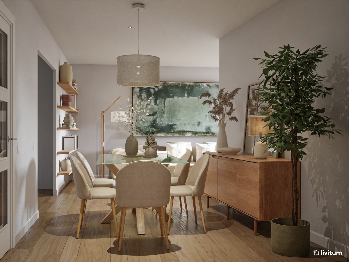 Salón pequeño y acogedor en planta irregular con mobiliario de madera