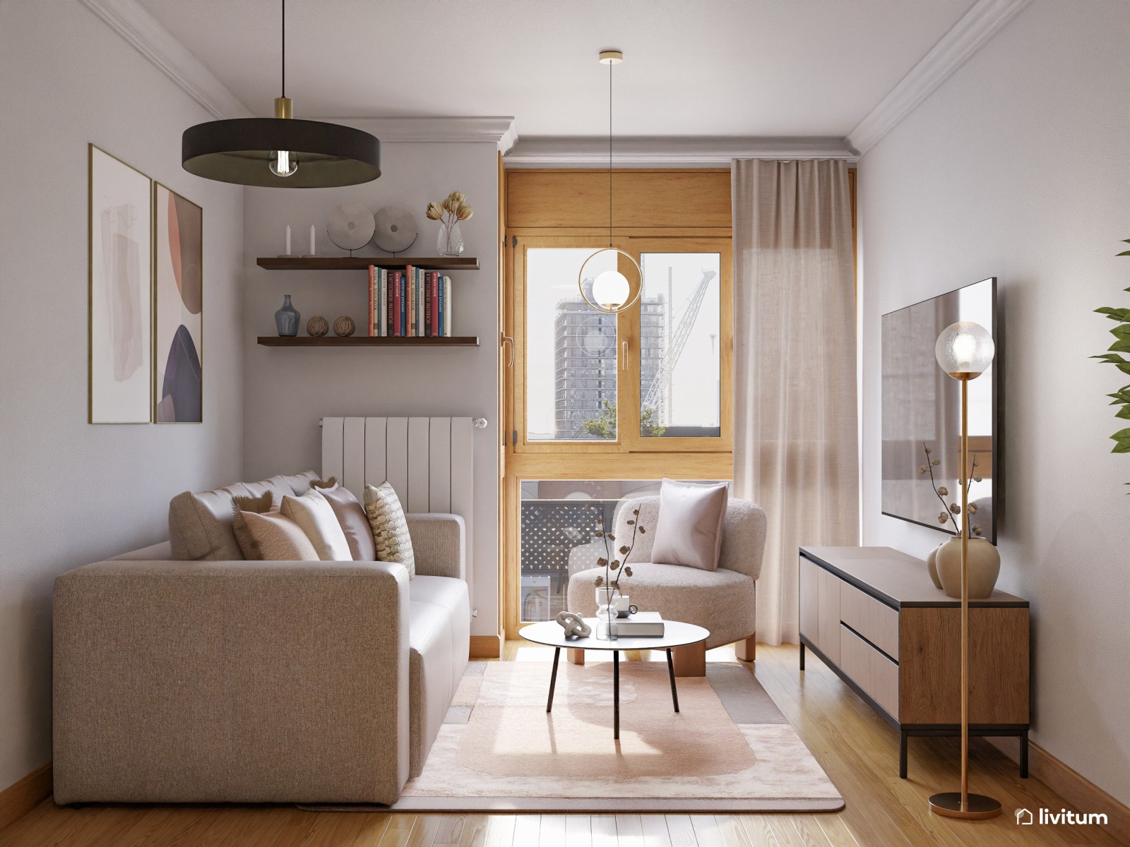 Salón pequeño y alargado muy elegante y bien aprovechado