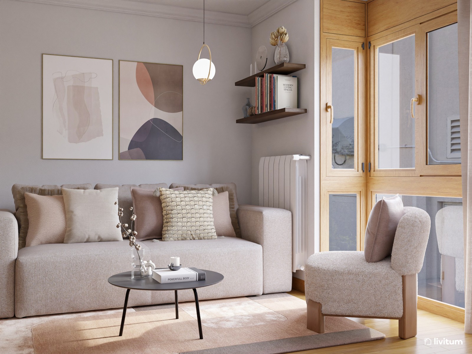 Salón pequeño y alargado muy elegante y bien aprovechado