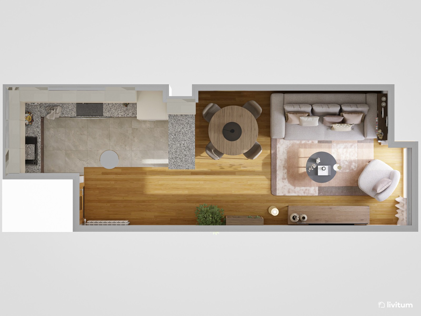 Salón pequeño y alargado muy elegante y bien aprovechado