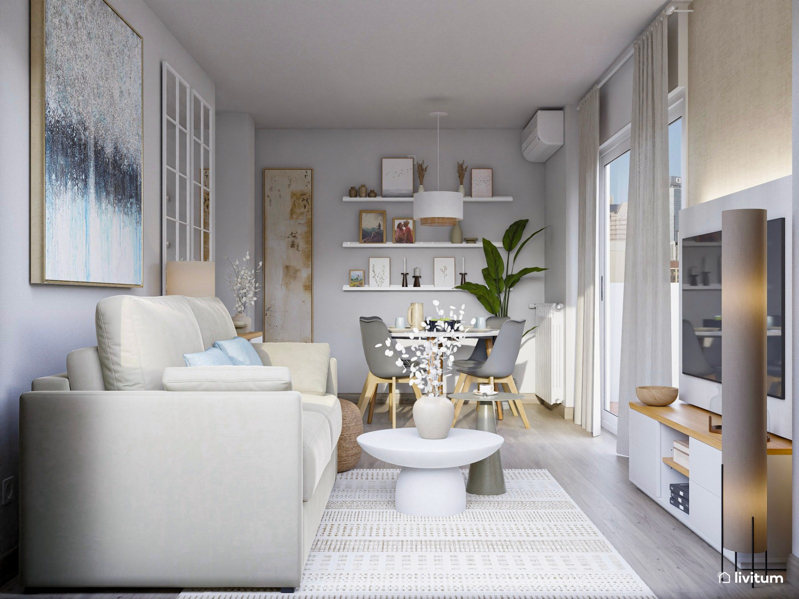 Salón pequeño y moderno con mesa redonda y grandes cuadros decorativos