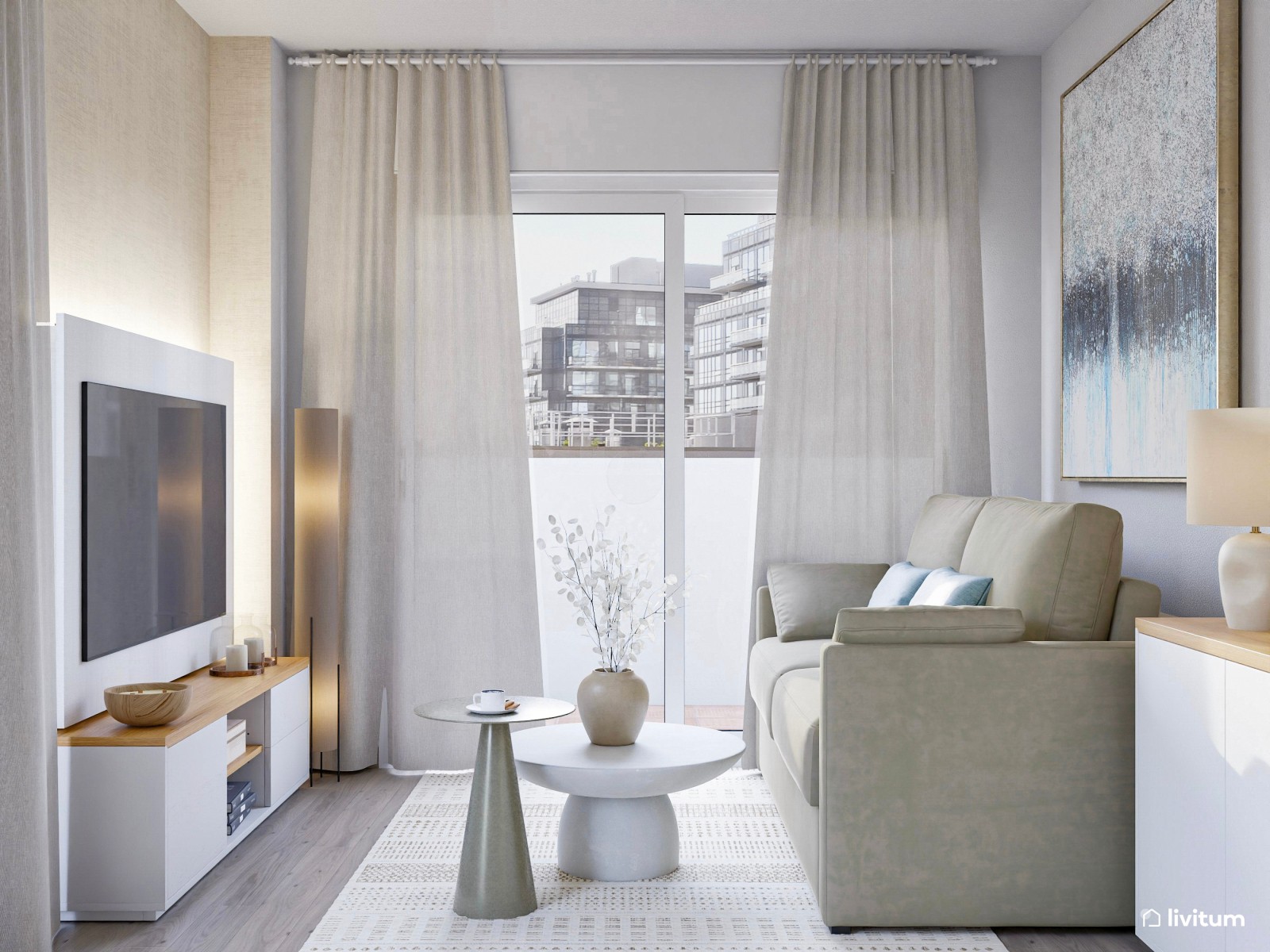 Salón pequeño y moderno con mesa redonda y grandes cuadros decorativos