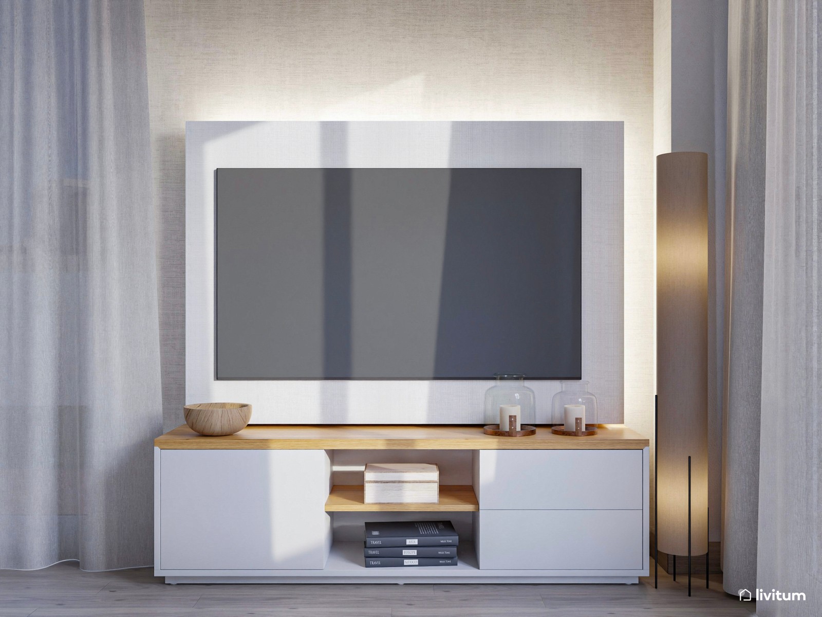 Salón pequeño y moderno con mesa redonda y grandes cuadros decorativos