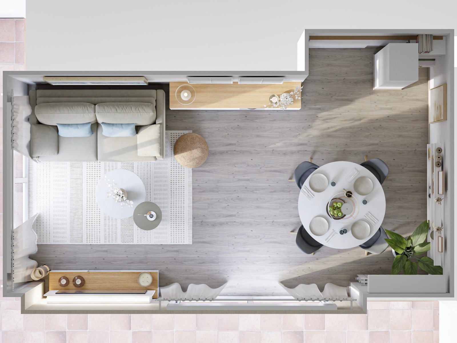 Salón pequeño y moderno con mesa redonda y grandes cuadros decorativos