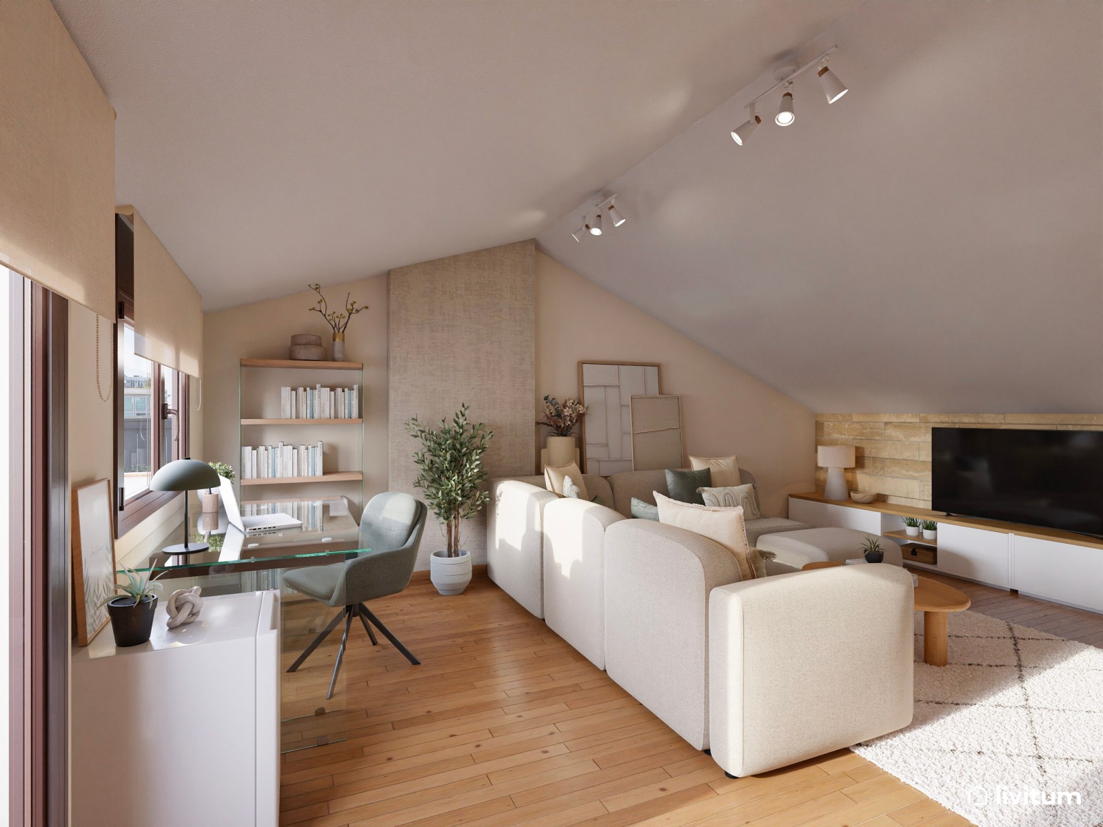 Salón polivalente de estilo nórdico y boho bajo techo abuhardillado