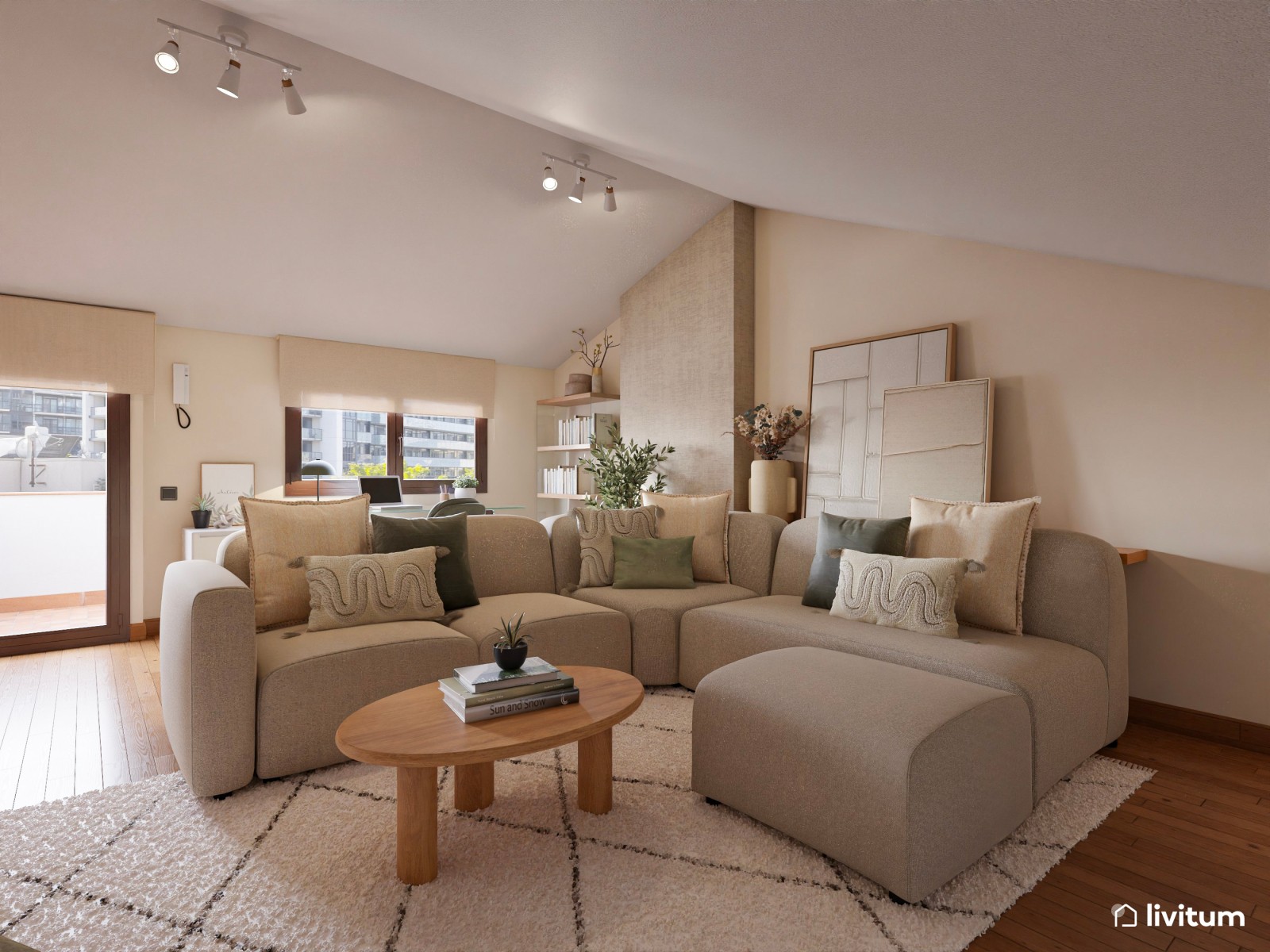 Salón polivalente de estilo nórdico y boho bajo techo abuhardillado