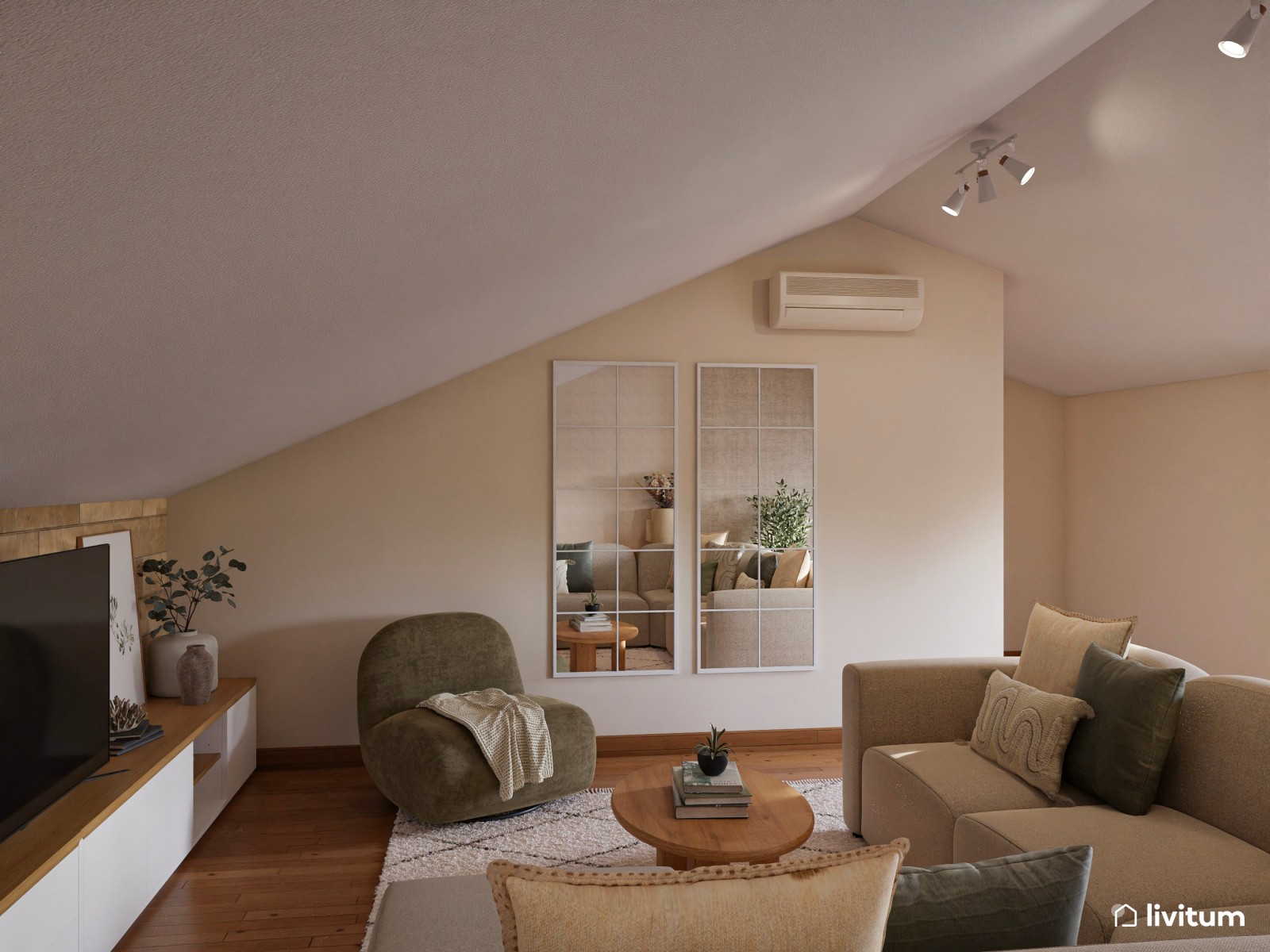 Salón polivalente de estilo nórdico y boho bajo techo abuhardillado