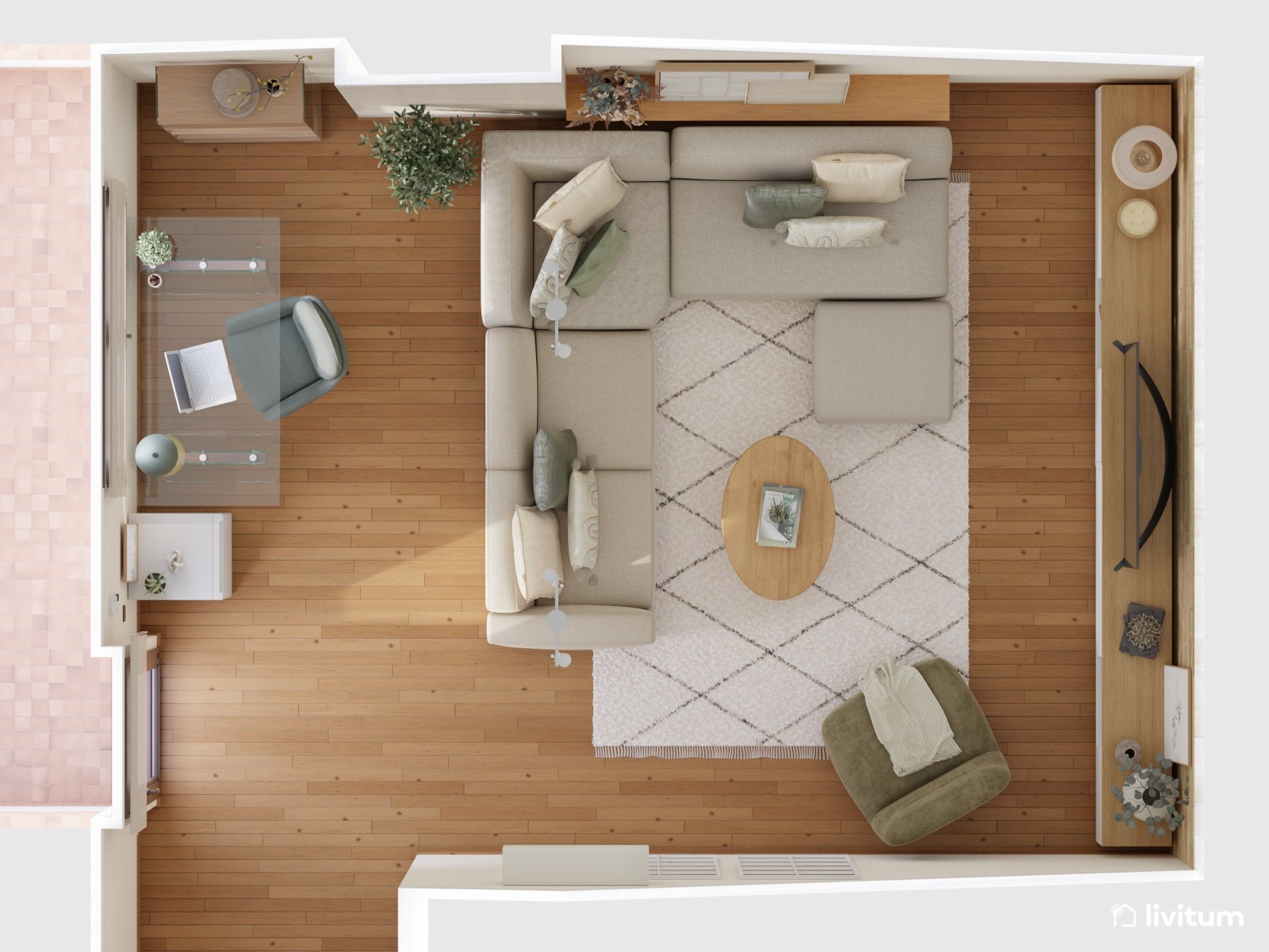 Salón polivalente de estilo nórdico y boho bajo techo abuhardillado