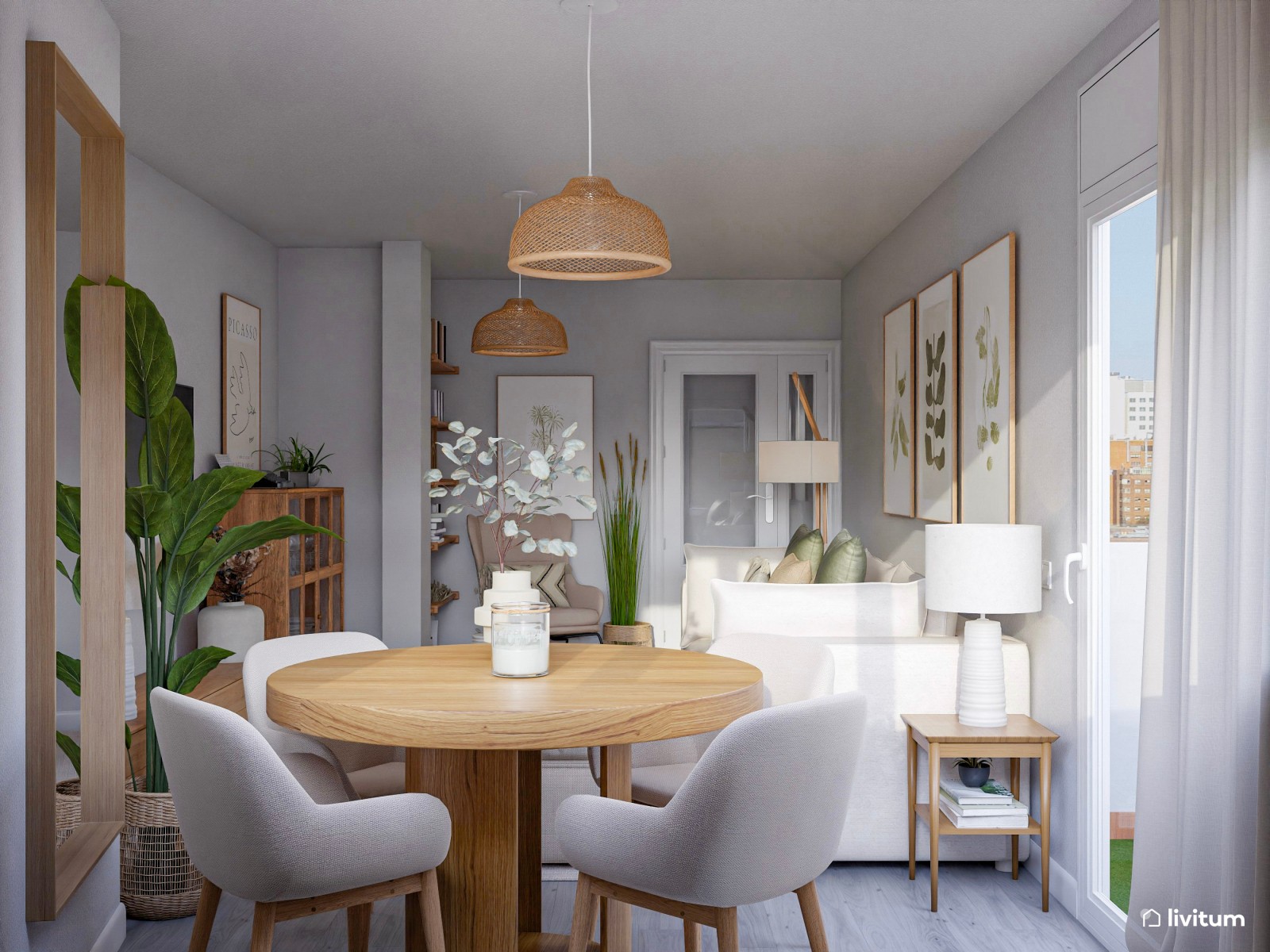 Salón rectangular con decoración natural, agradable rincón de lectura y muchas plantas