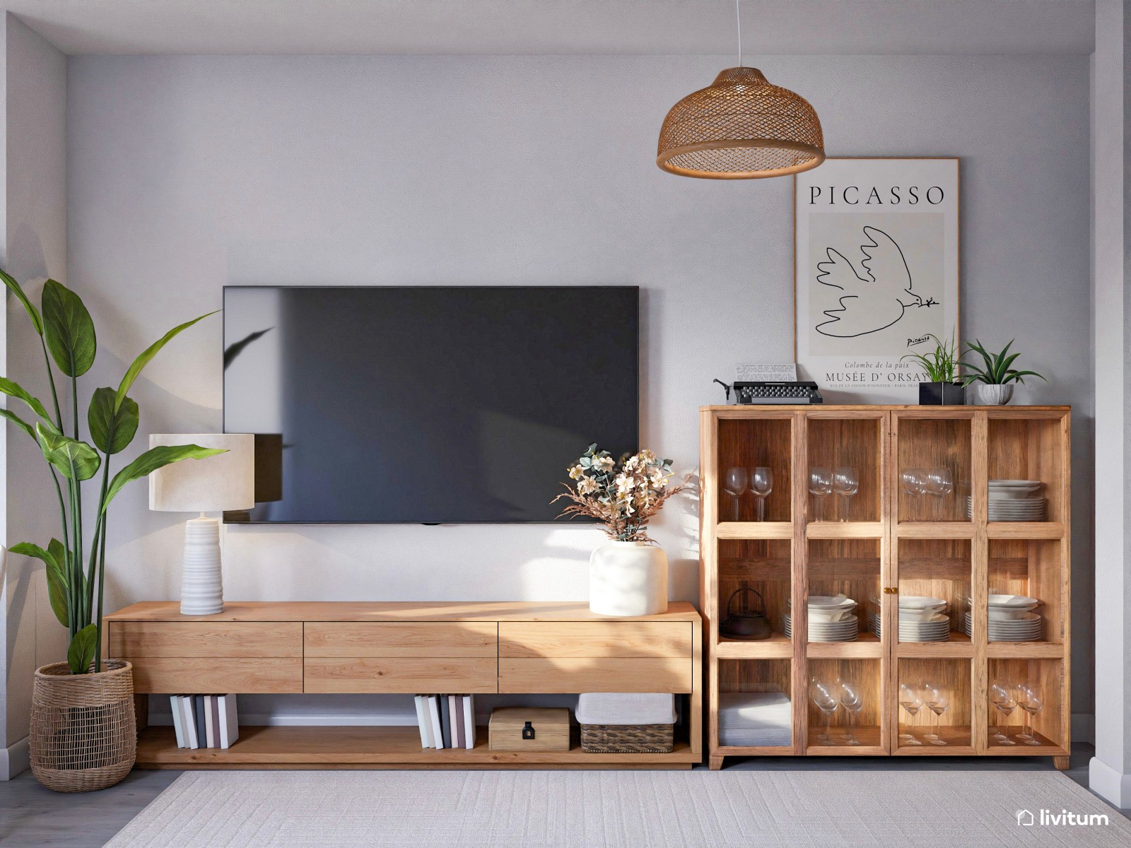 Salón rectangular con decoración natural, agradable rincón de lectura y muchas plantas