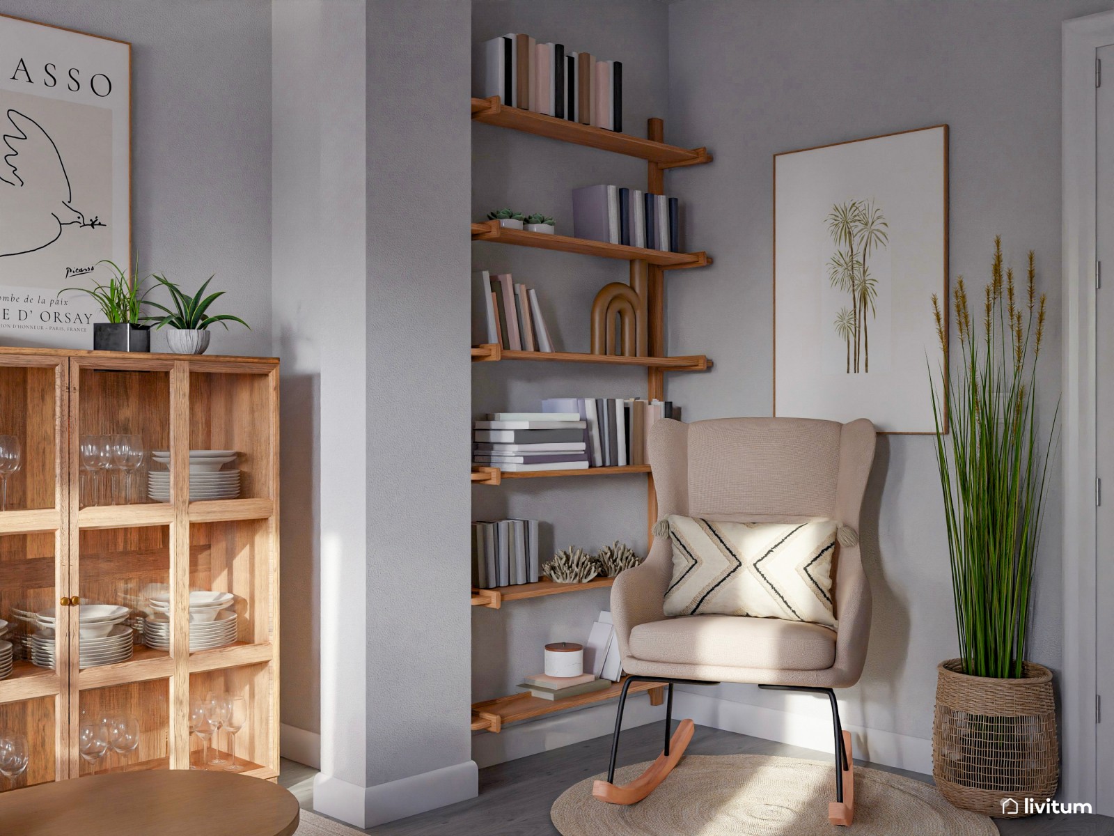Salón rectangular con decoración natural, agradable rincón de lectura y muchas plantas