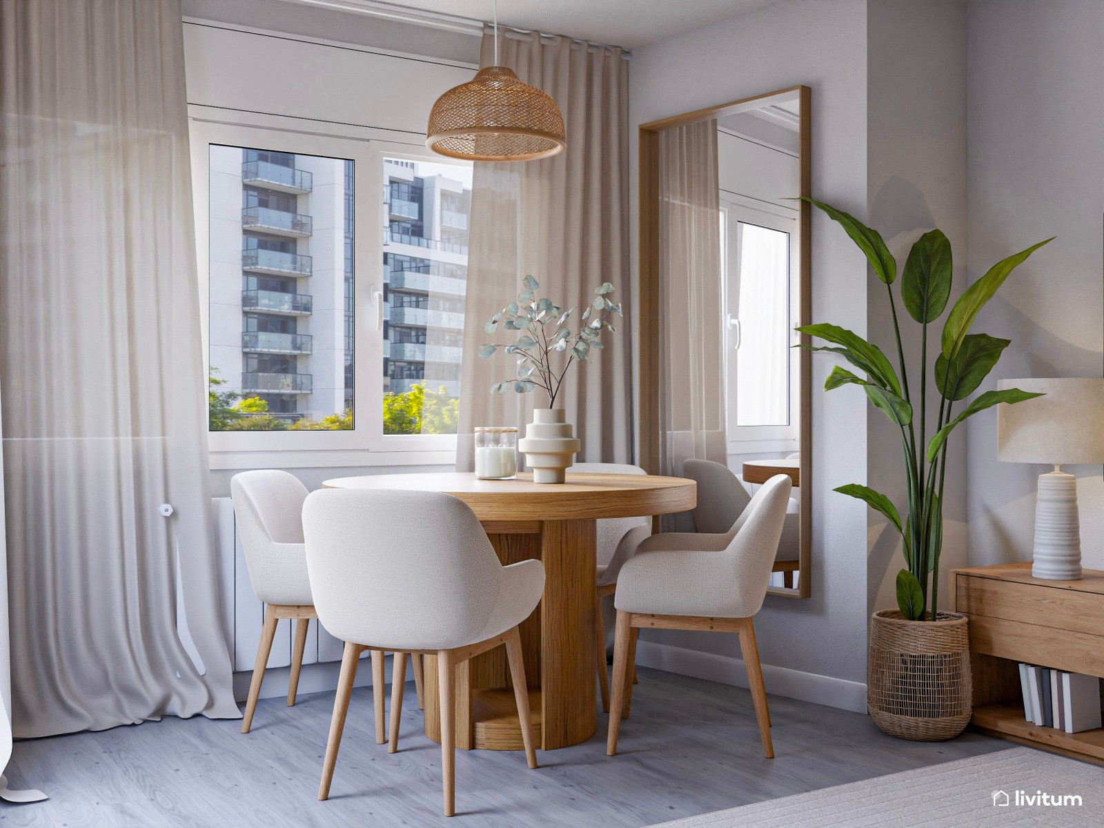 Salón rectangular con decoración natural, agradable rincón de lectura y muchas plantas