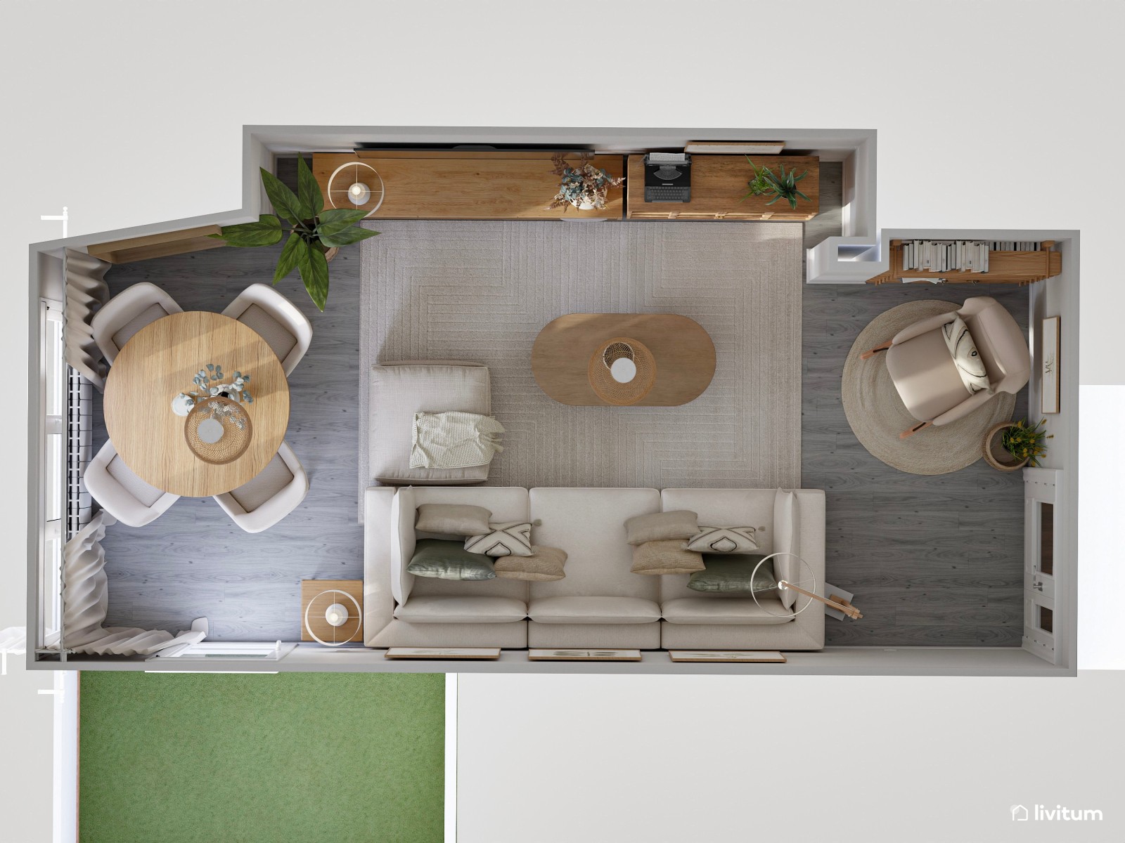 Salón rectangular con decoración natural, agradable rincón de lectura y muchas plantas