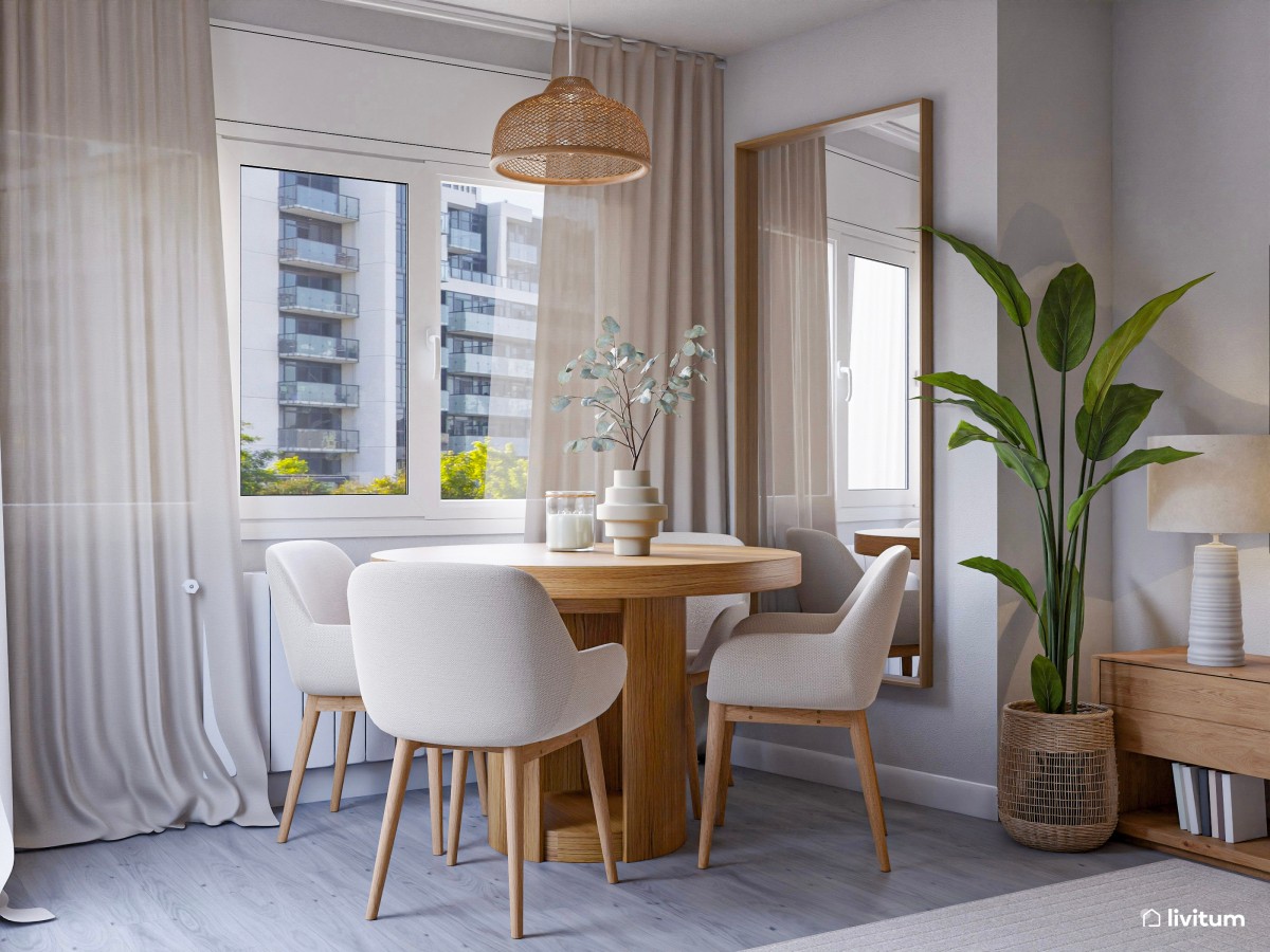 Salón rectangular con decoración natural, agradable rincón de lectura y muchas plantas