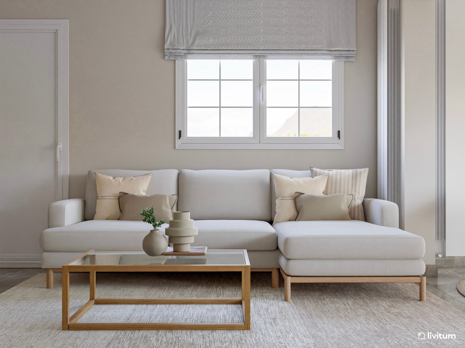 Salón relajante y sereno con textiles suaves y zona de trabajo