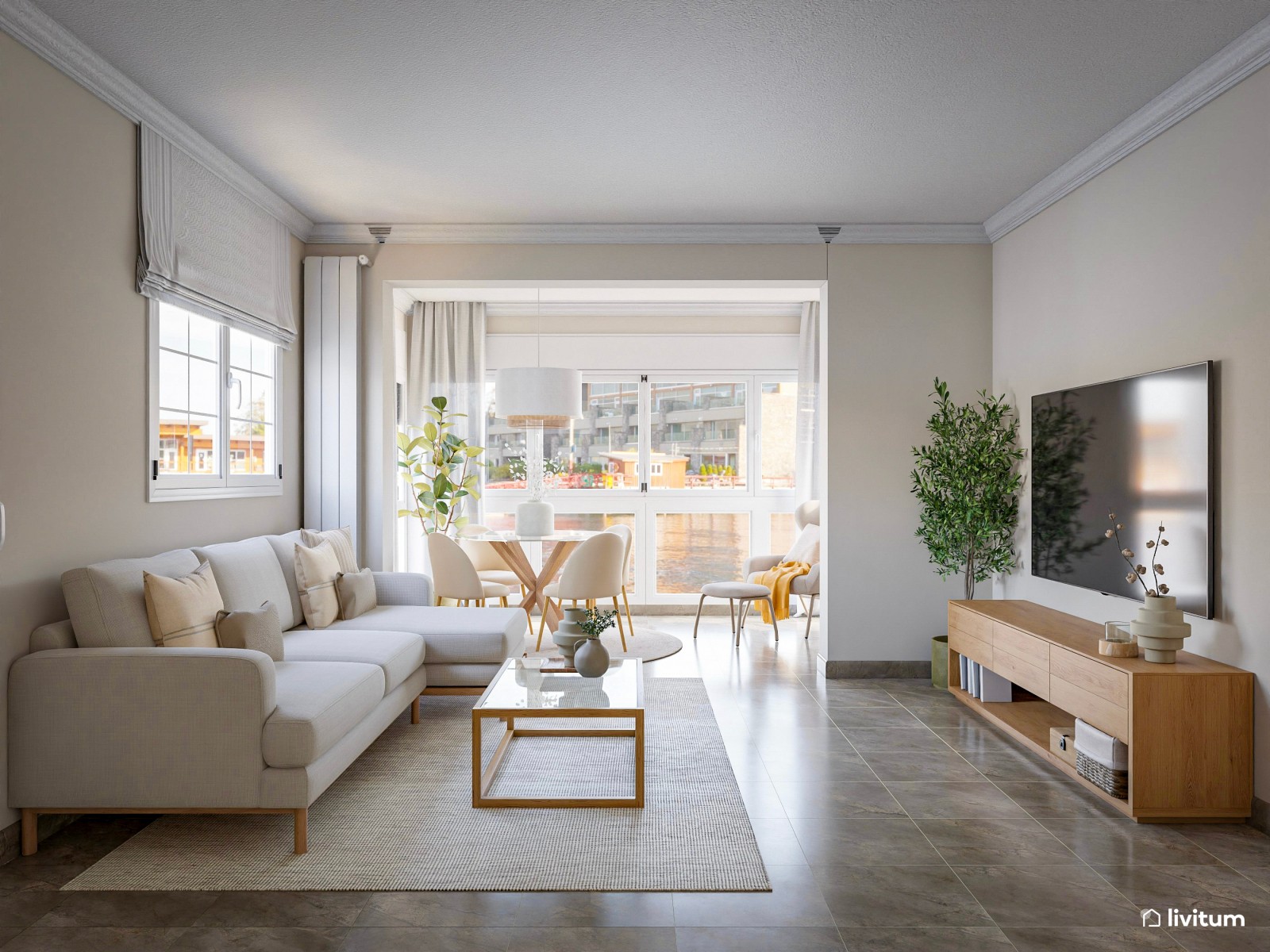 Salón relajante y sereno con textiles suaves y zona de trabajo