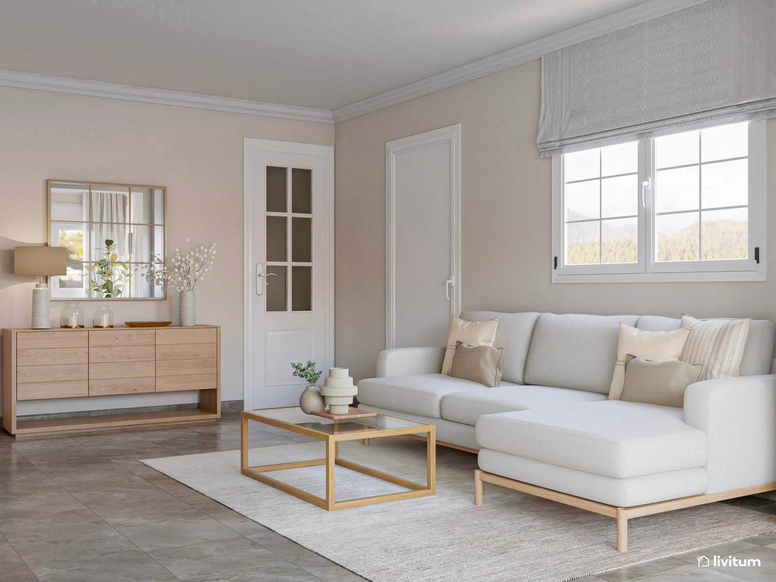 Salón relajante y sereno con textiles suaves y zona de trabajo