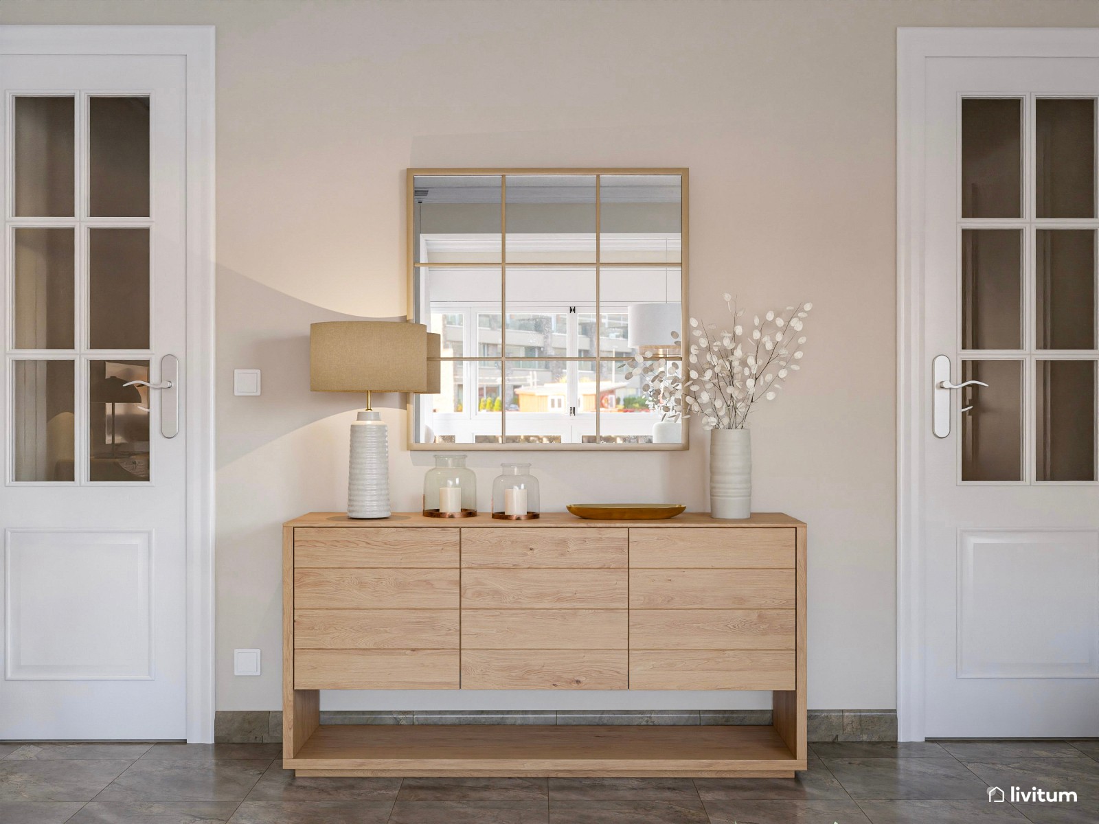 Salón relajante y sereno con textiles suaves y zona de trabajo