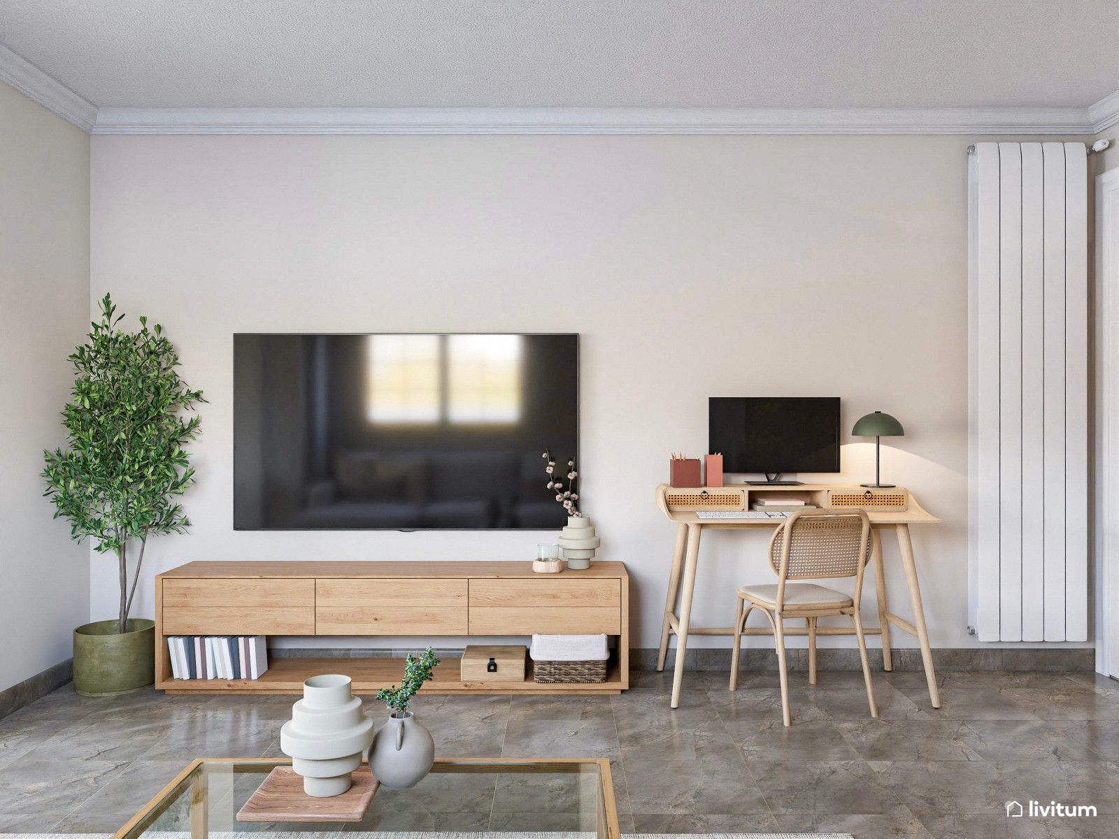Salón relajante y sereno con textiles suaves y zona de trabajo