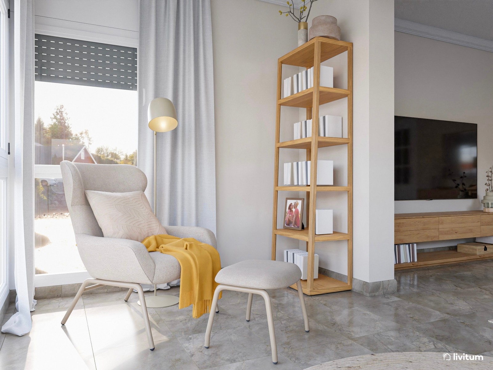 Salón relajante y sereno con textiles suaves y zona de trabajo