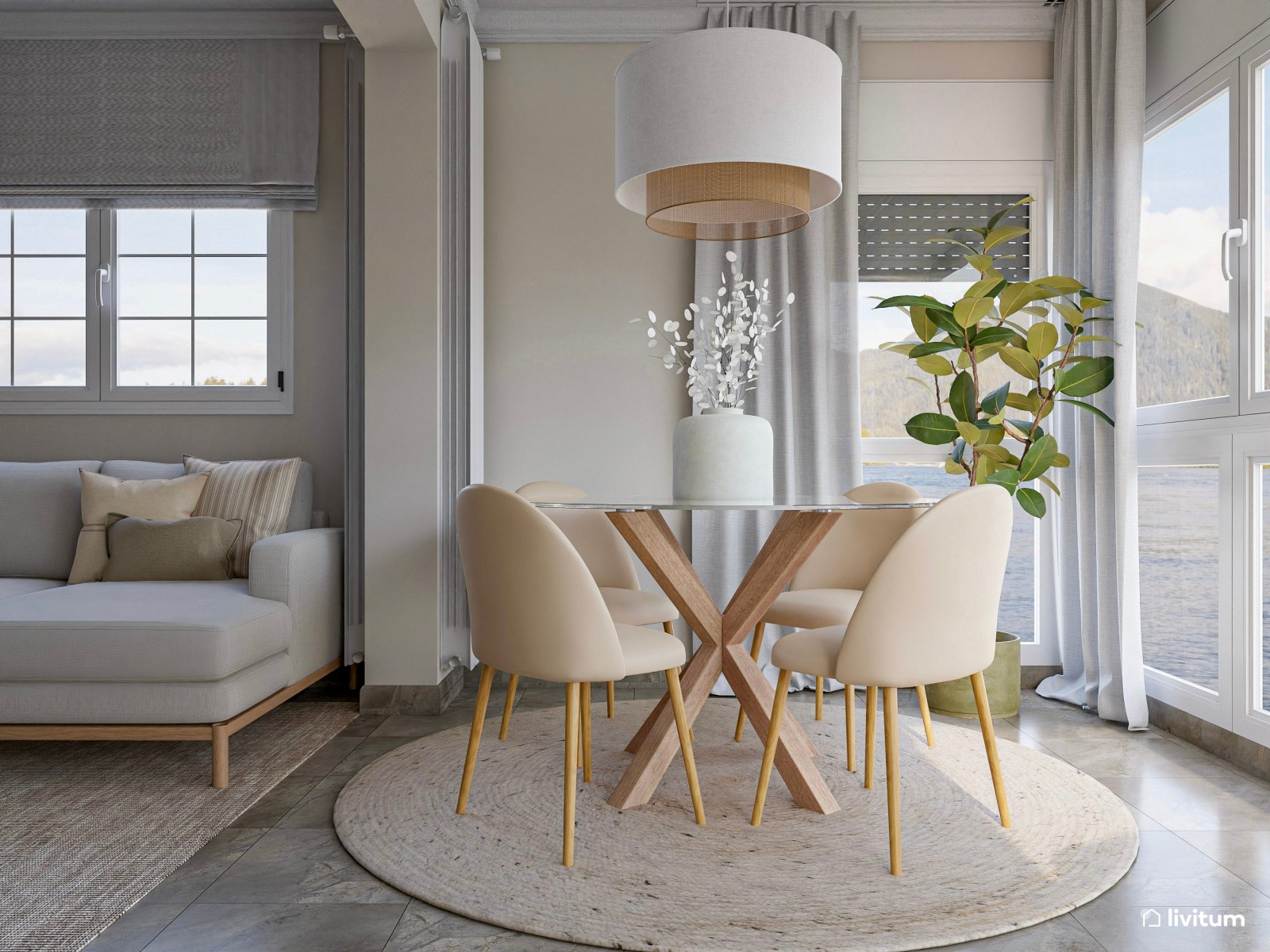 Salón relajante y sereno con textiles suaves y zona de trabajo