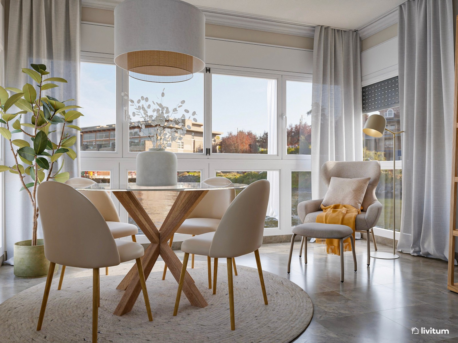 Salón relajante y sereno con textiles suaves y zona de trabajo
