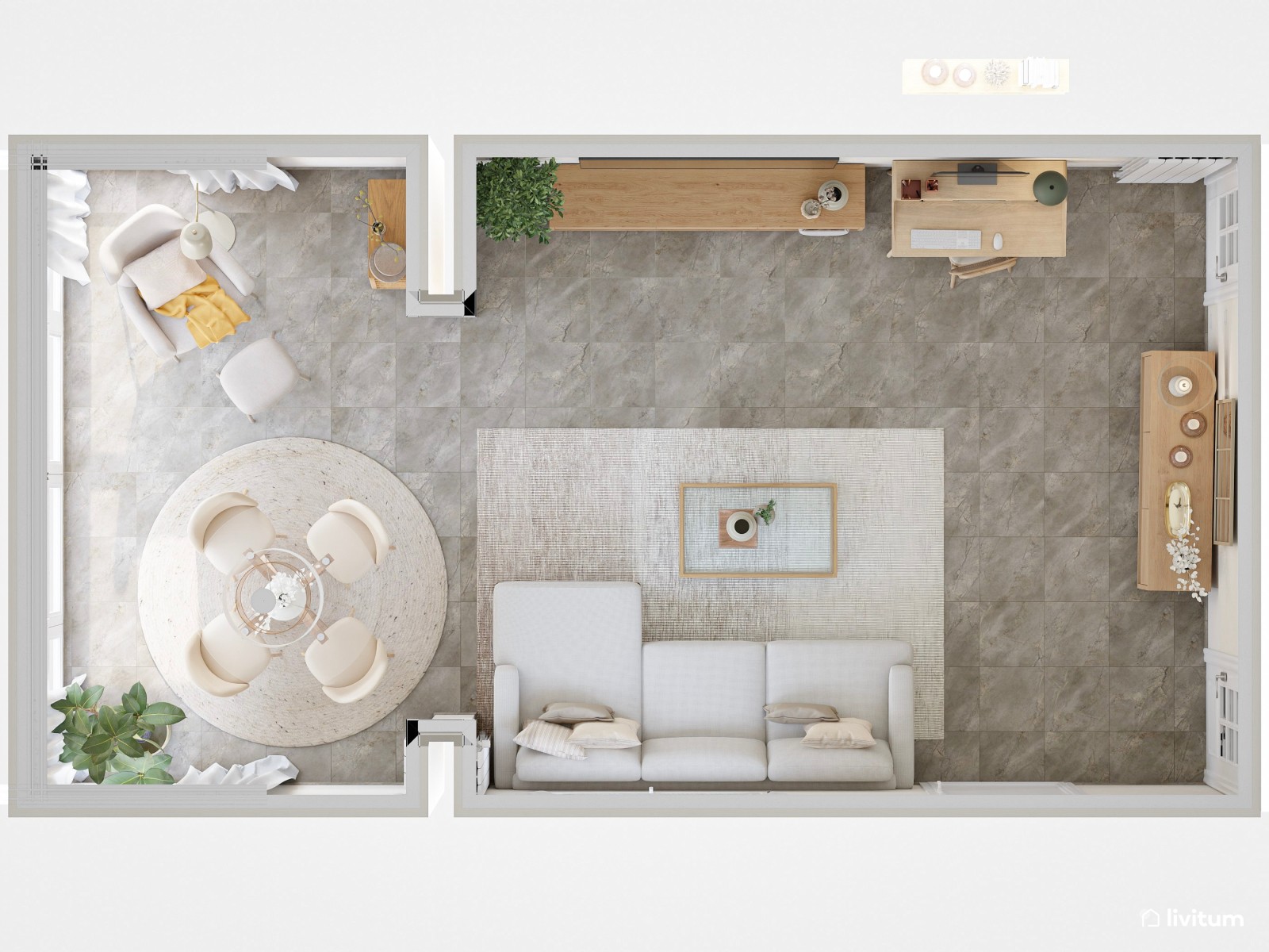 Salón relajante y sereno con textiles suaves y zona de trabajo
