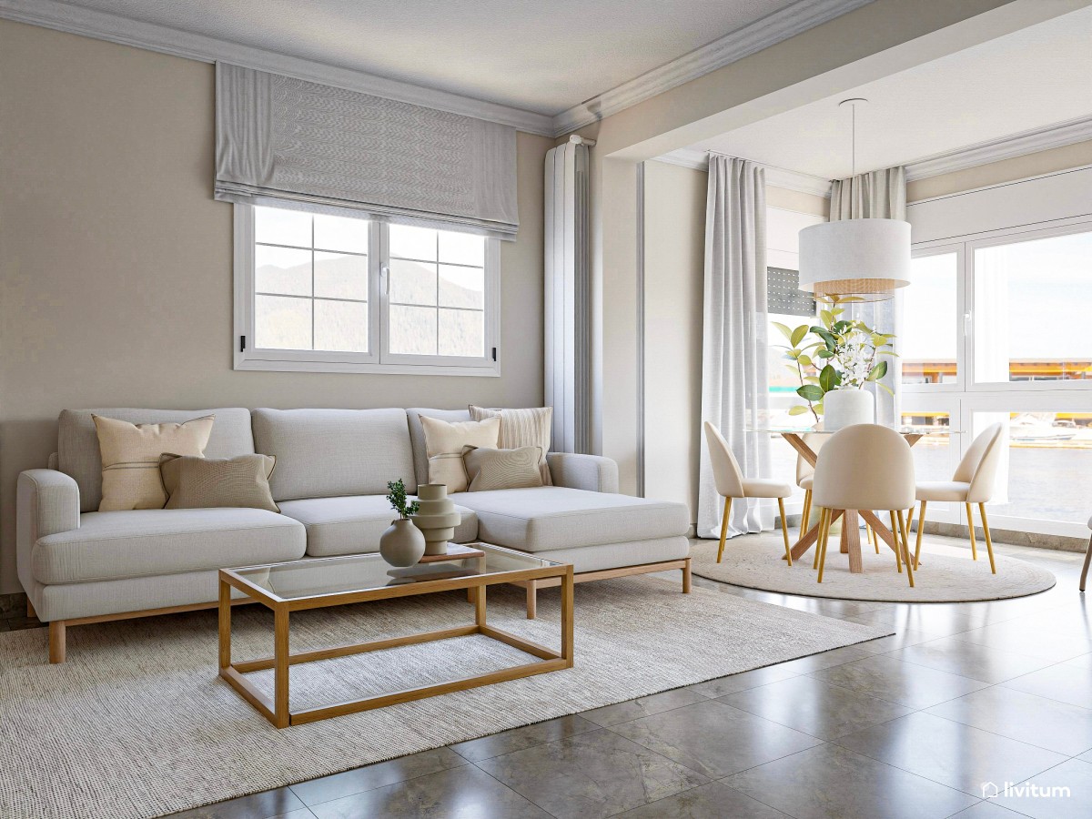 Salón relajante y sereno con textiles suaves y zona de trabajo