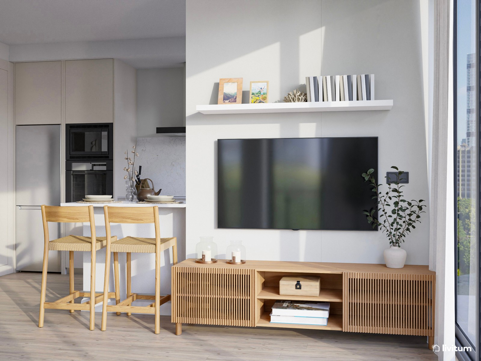 Salón sereno en tonos suaves, detalles en madera y cocina abierta