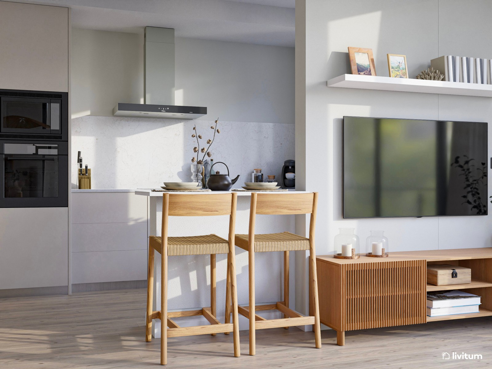Salón sereno en tonos suaves, detalles en madera y cocina abierta