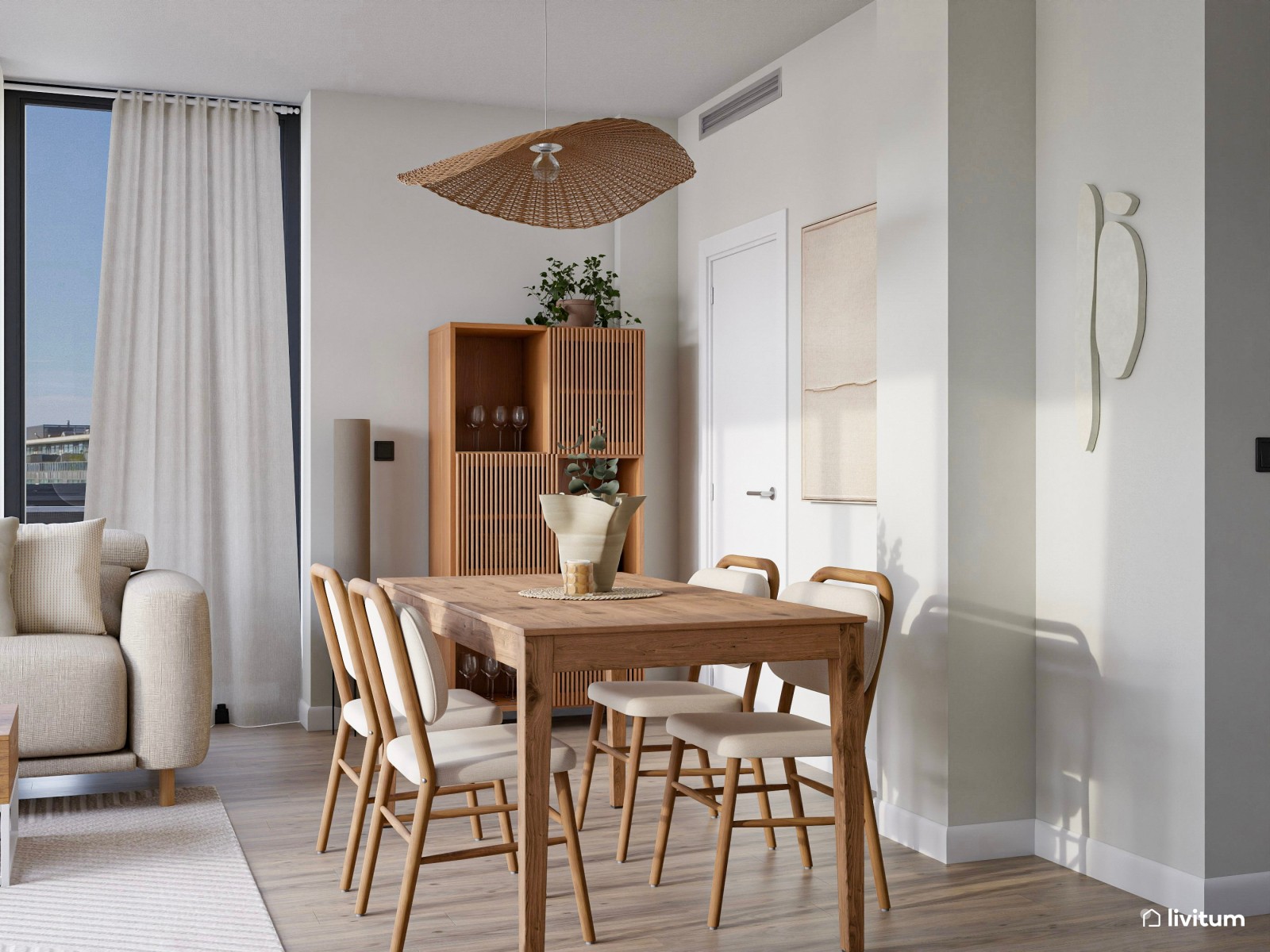 Salón sereno en tonos suaves, detalles en madera y cocina abierta
