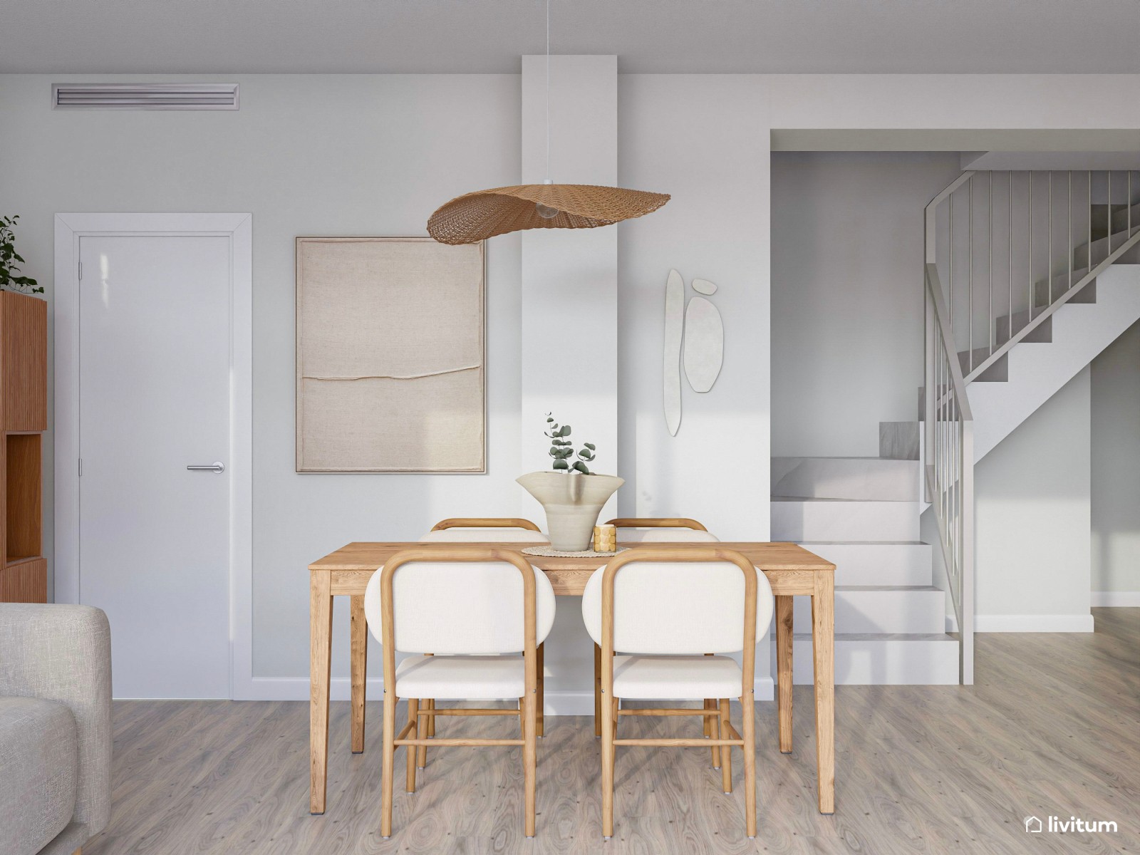 Salón sereno en tonos suaves, detalles en madera y cocina abierta