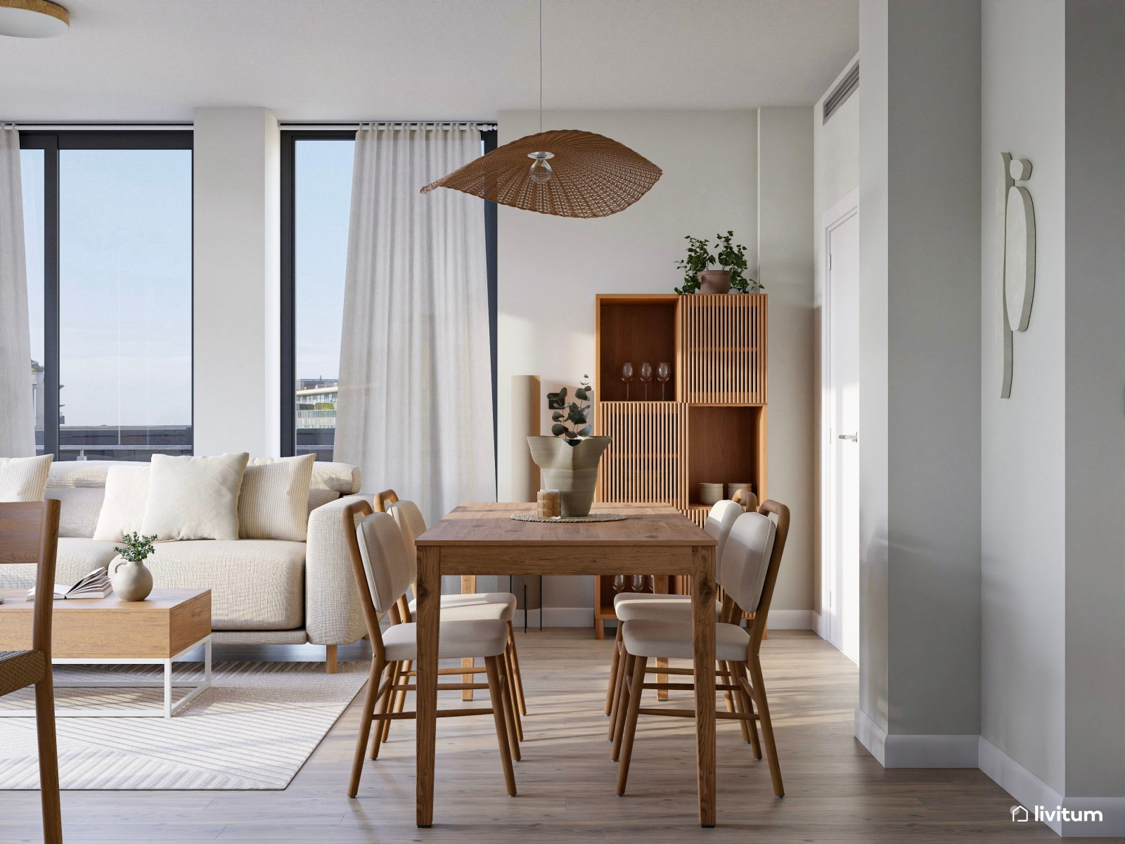 Salón sereno en tonos suaves, detalles en madera y cocina abierta