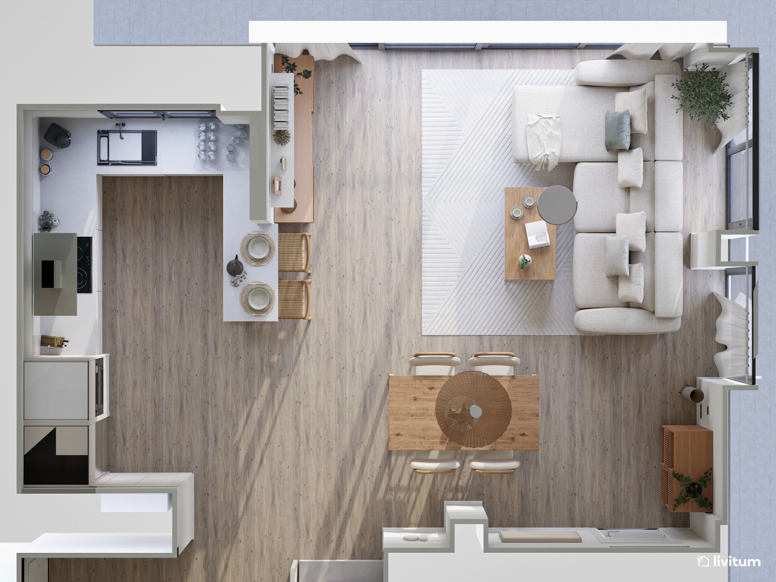 Salón sereno en tonos suaves, detalles en madera y cocina abierta