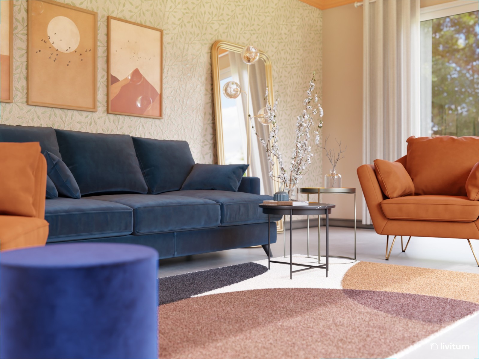  Salón vintage con tonos azules y naranjas