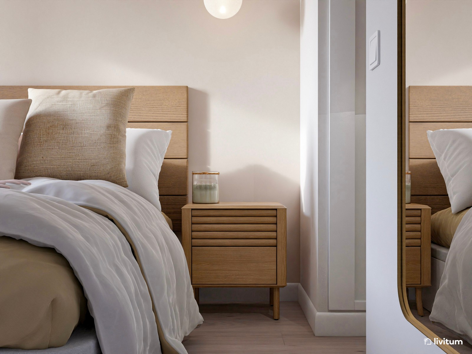 Sencillo dormitorio blanco con detalles en tonos tierra